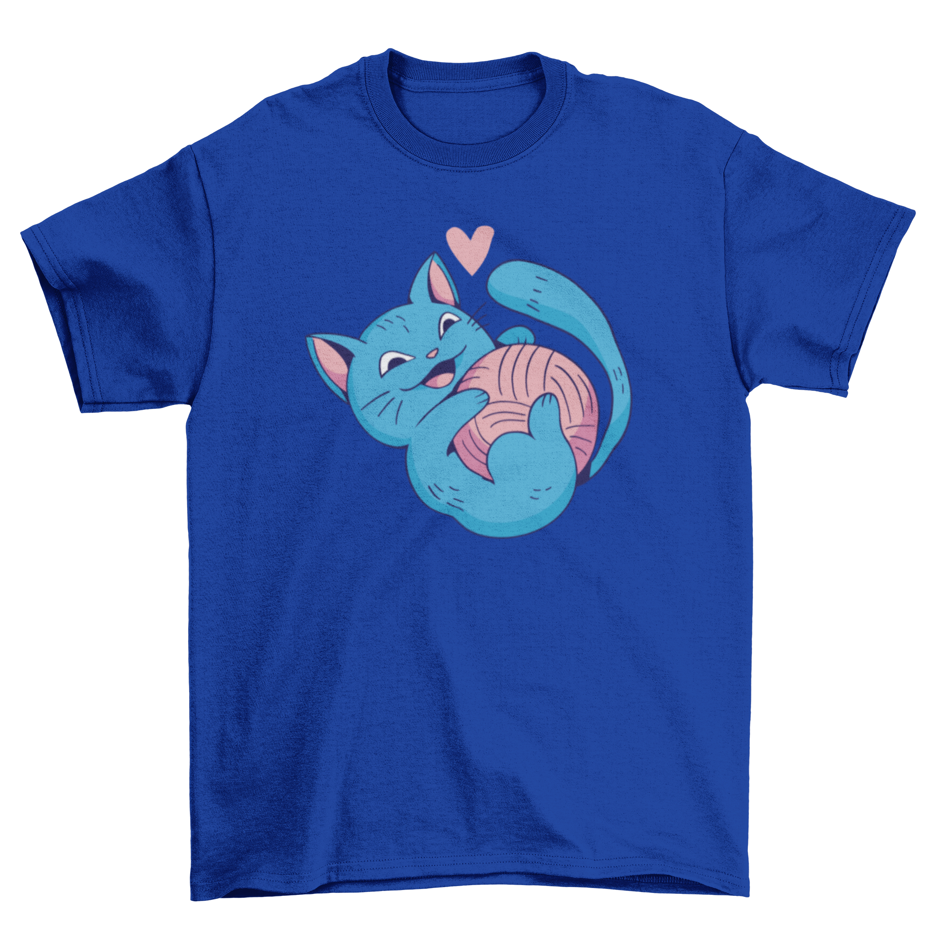 A playful cartoon cat interacting with a colorful yarn ball on a t-shirt.