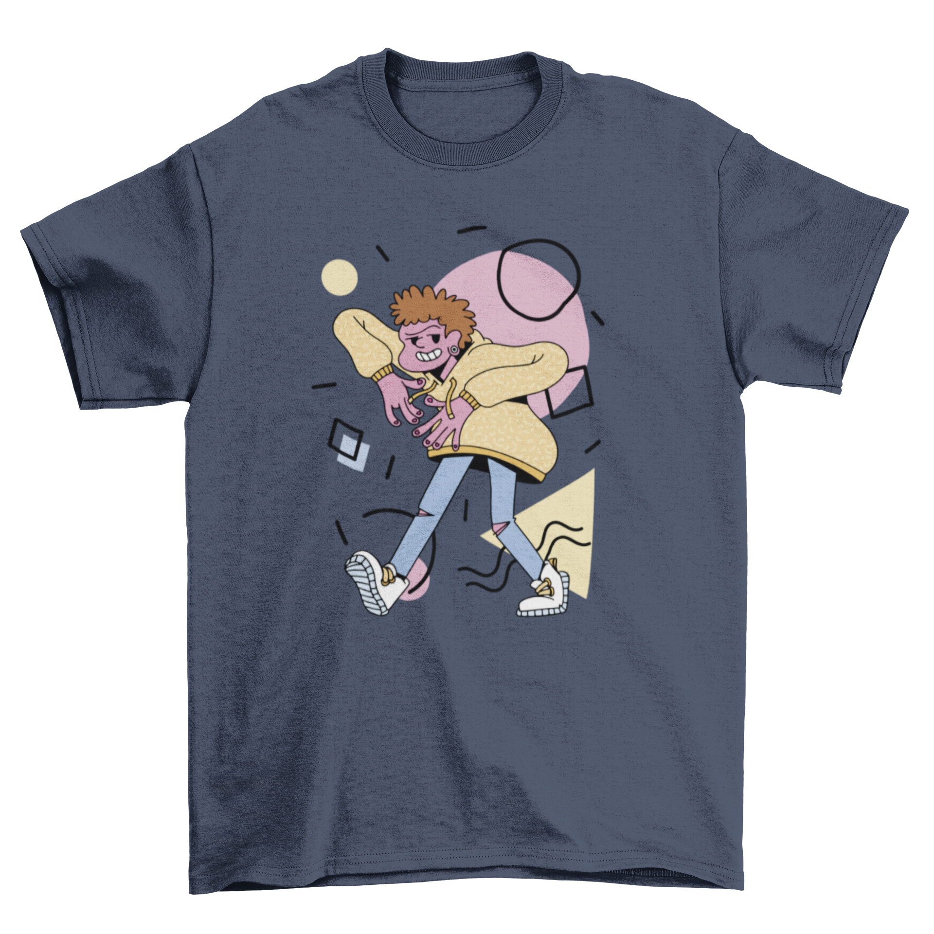 Cartoon character hip hop t-shirt featuring a boy in cool gestures with abstract shapes in the background.