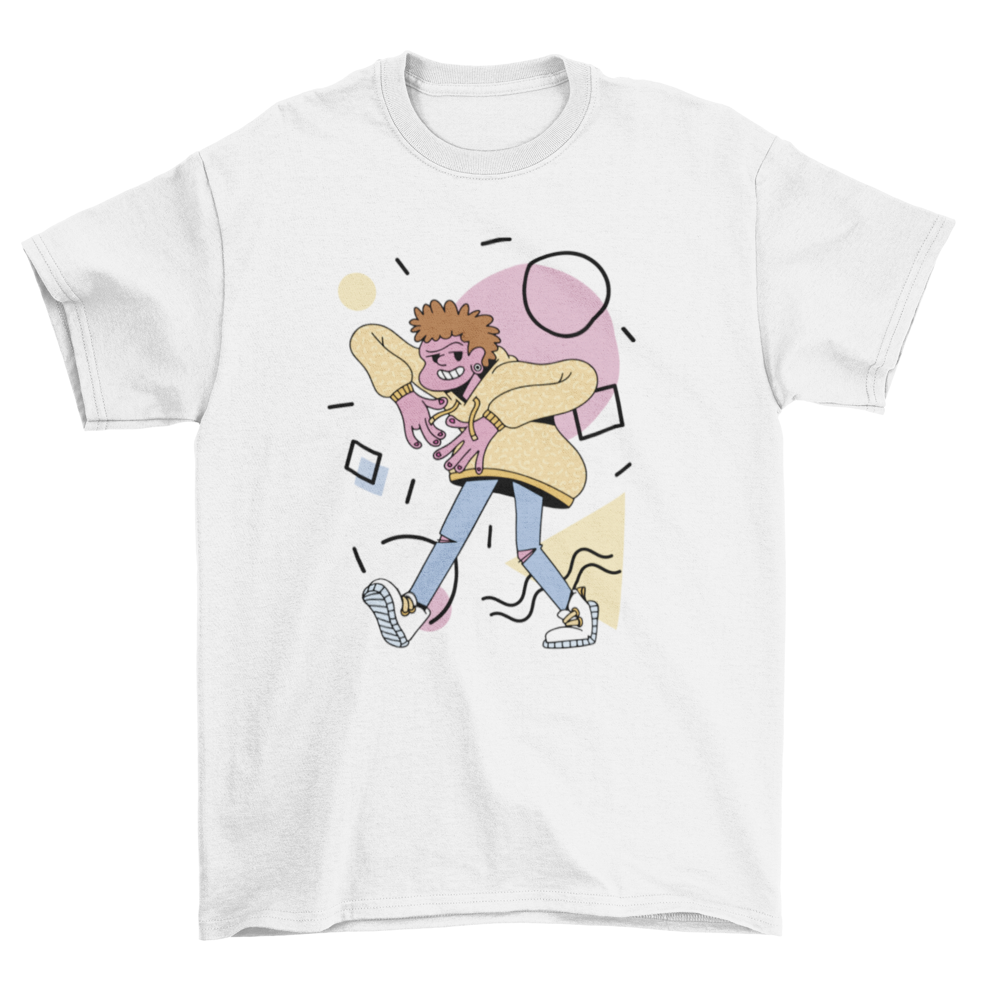 Cartoon character hip hop t-shirt featuring a boy in cool gestures with abstract shapes in the background.