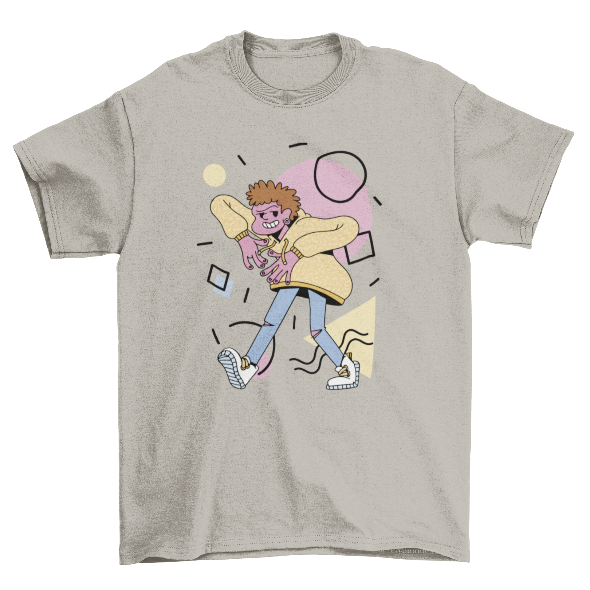 Cartoon character hip hop t-shirt featuring a boy in cool gestures with abstract shapes in the background.