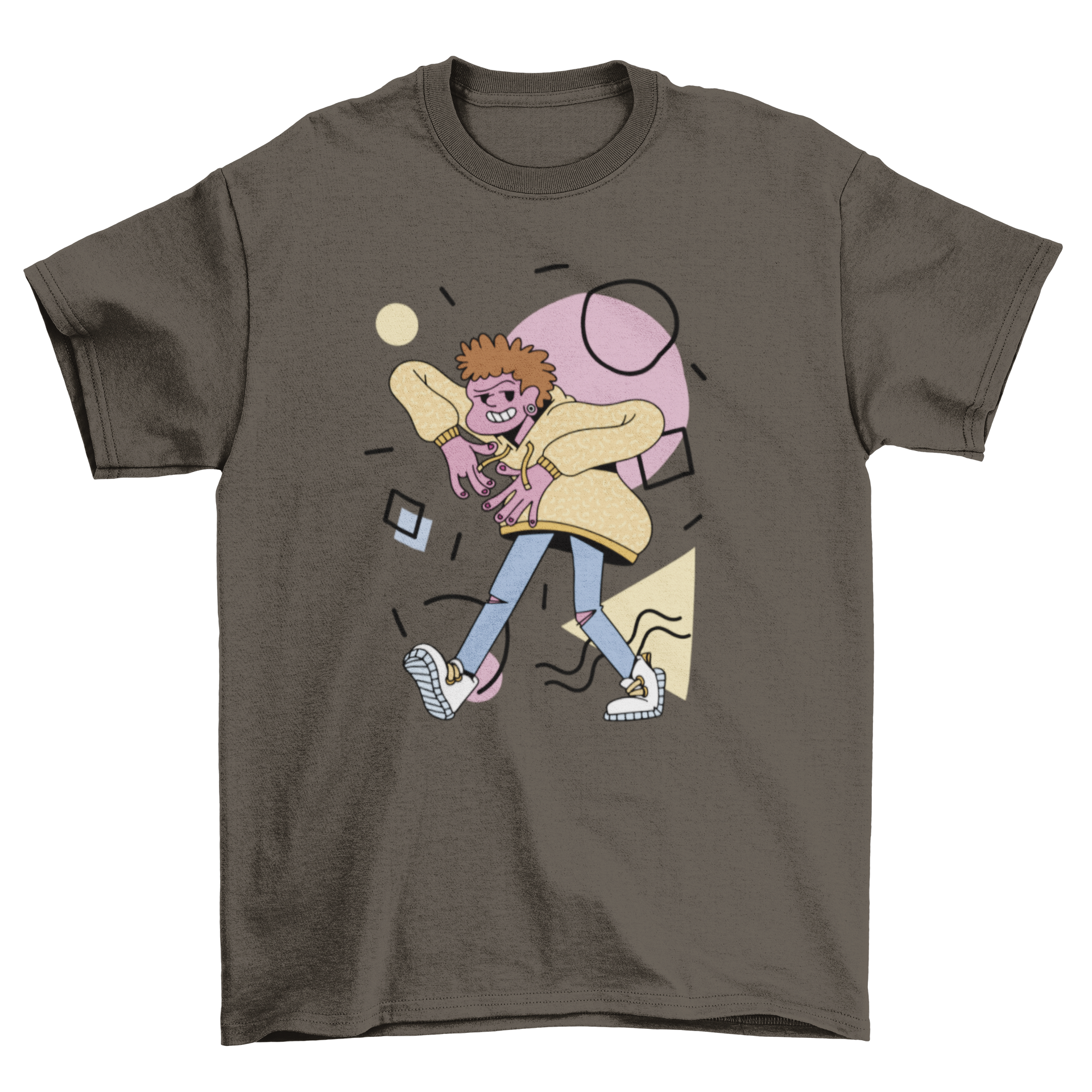 Cartoon character hip hop t-shirt featuring a boy in cool gestures with abstract shapes in the background.