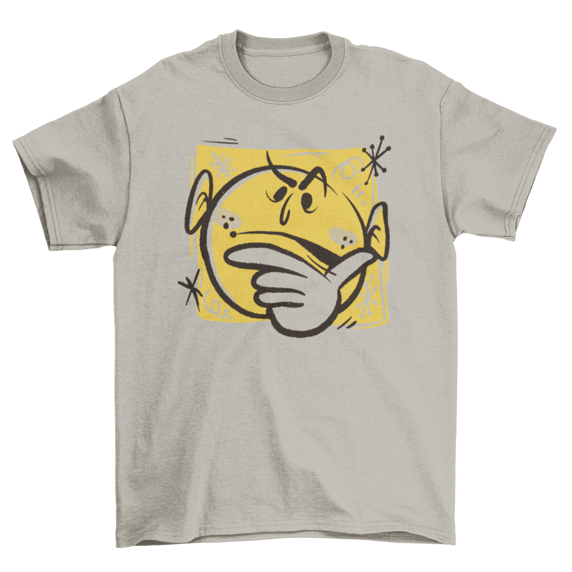 Cartoon confused emoji t-shirt featuring a vibrant design of a perplexed emoji face on a soft fabric.