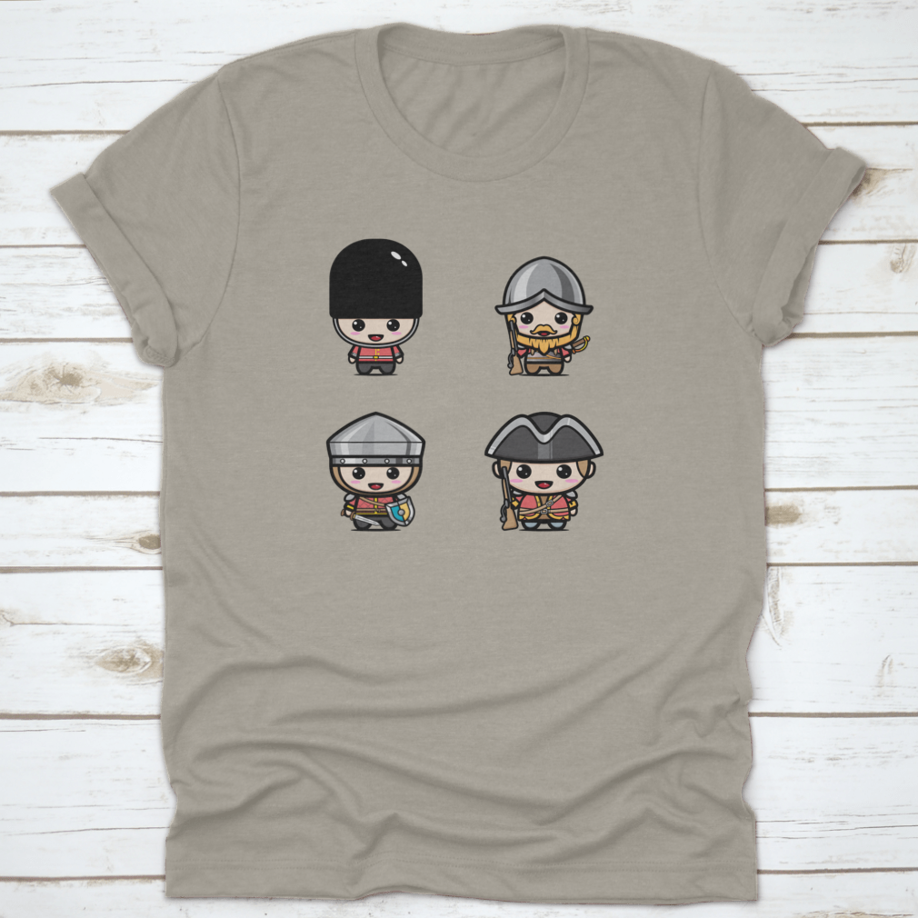 A cute chibi character design of a British Royal Guard, showcasing vibrant colors and playful features on a comfortable cotton shirt.