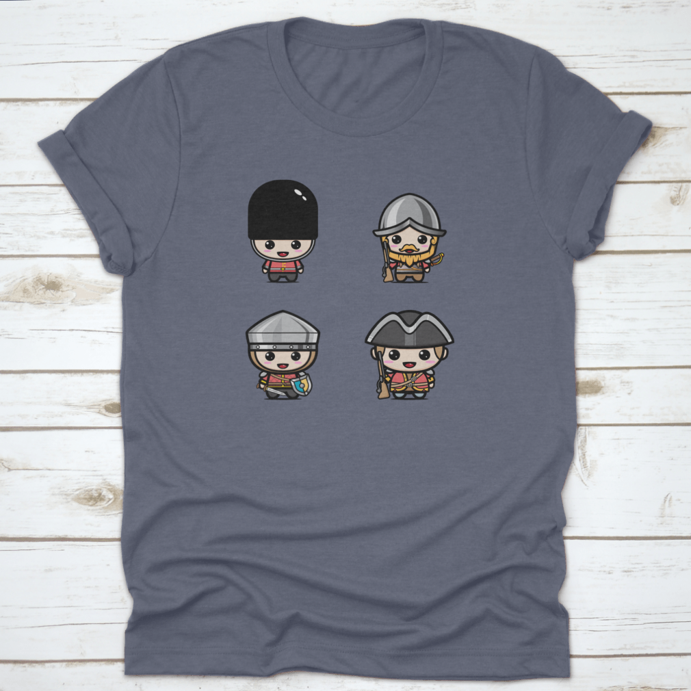 A cute chibi character design of a British Royal Guard, showcasing vibrant colors and playful features on a comfortable cotton shirt.