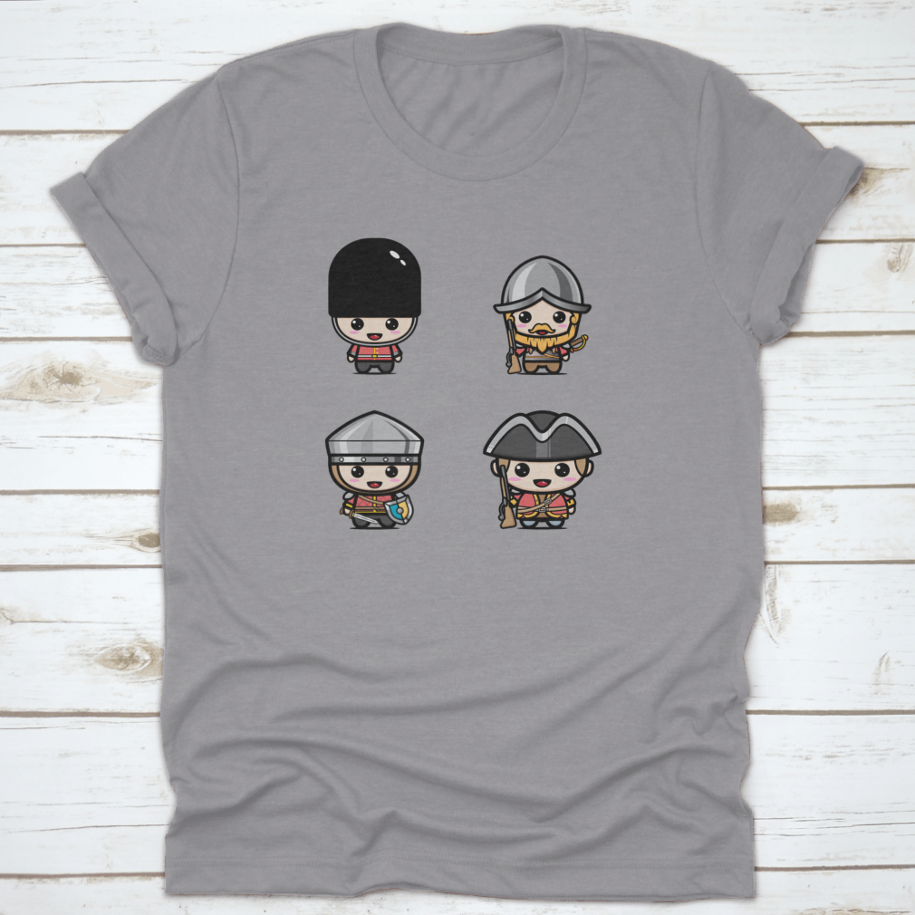 A cute chibi character design of a British Royal Guard, showcasing vibrant colors and playful features on a comfortable cotton shirt.