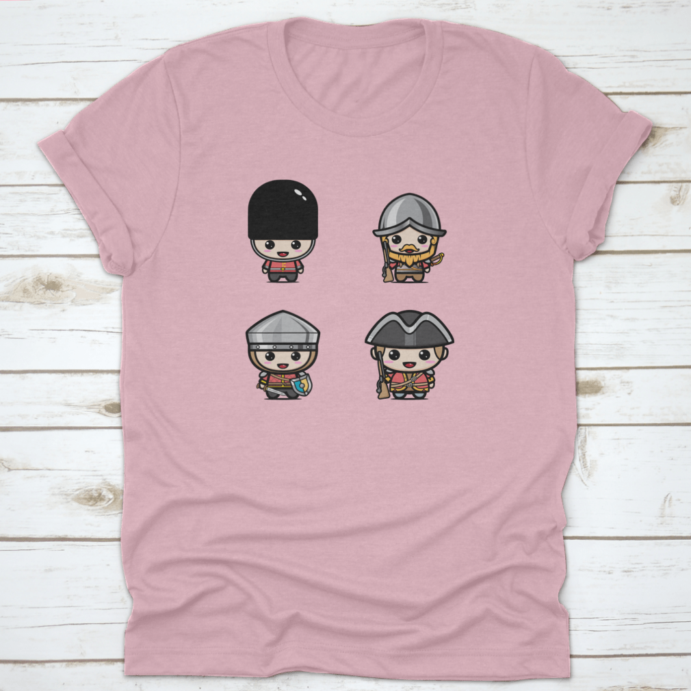 A cute chibi character design of a British Royal Guard, showcasing vibrant colors and playful features on a comfortable cotton shirt.