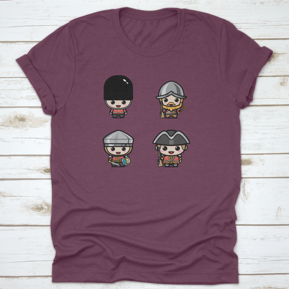 A cute chibi character design of a British Royal Guard, showcasing vibrant colors and playful features on a comfortable cotton shirt.