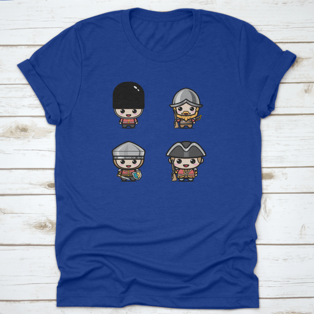 A cute chibi character design of a British Royal Guard, showcasing vibrant colors and playful features on a comfortable cotton shirt.