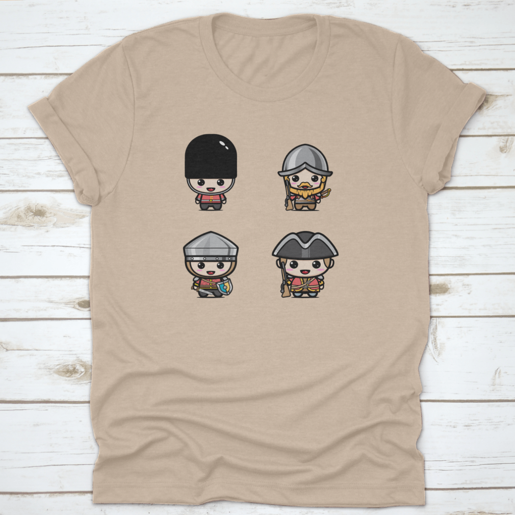 A cute chibi character design of a British Royal Guard, showcasing vibrant colors and playful features on a comfortable cotton shirt.