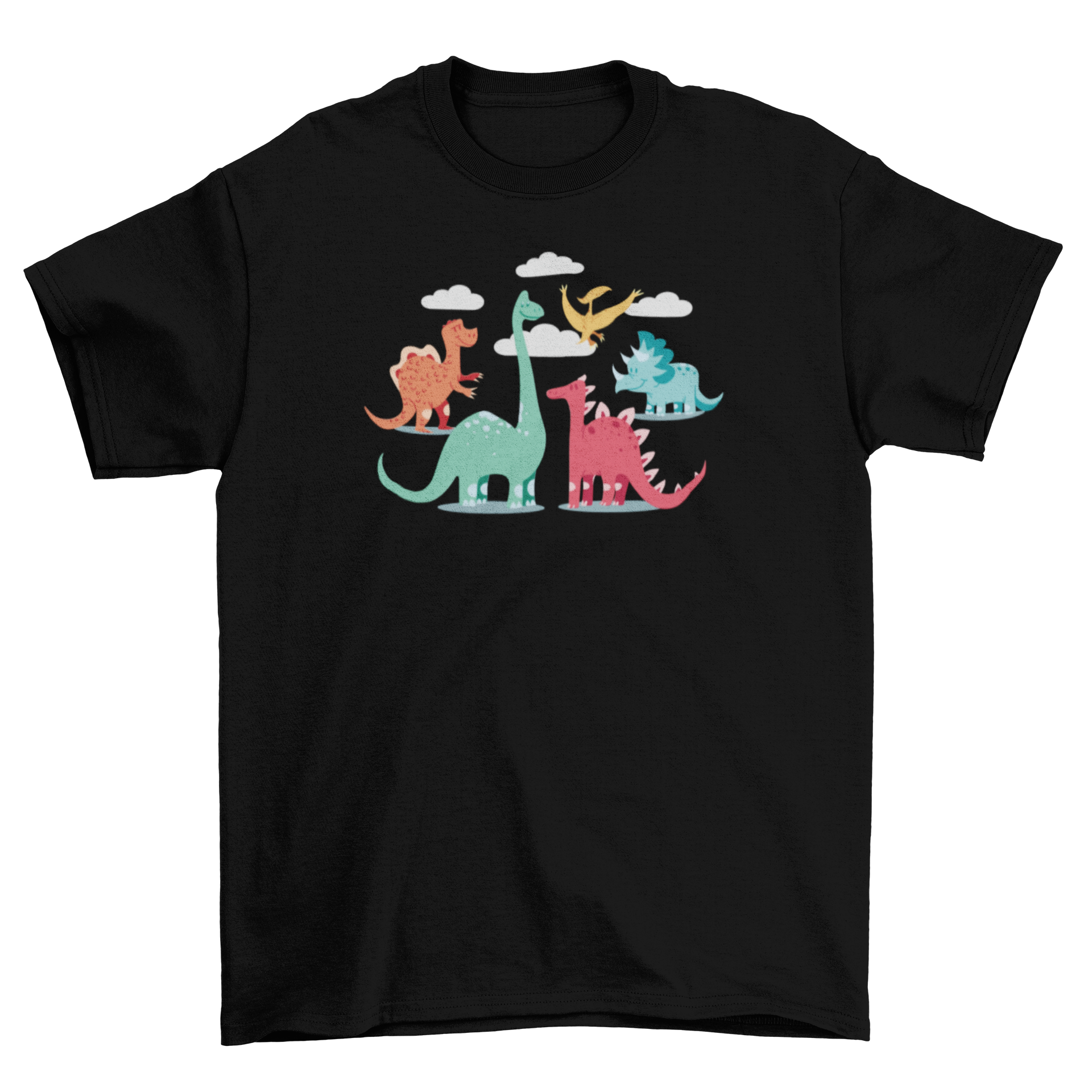 Colorful youth T-shirt featuring cartoon dinosaurs in playful poses, perfect for kids.