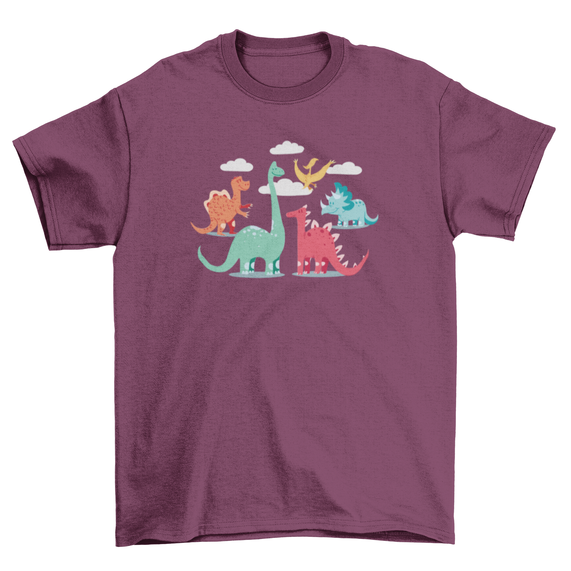 Colorful youth T-shirt featuring cartoon dinosaurs in playful poses, perfect for kids.