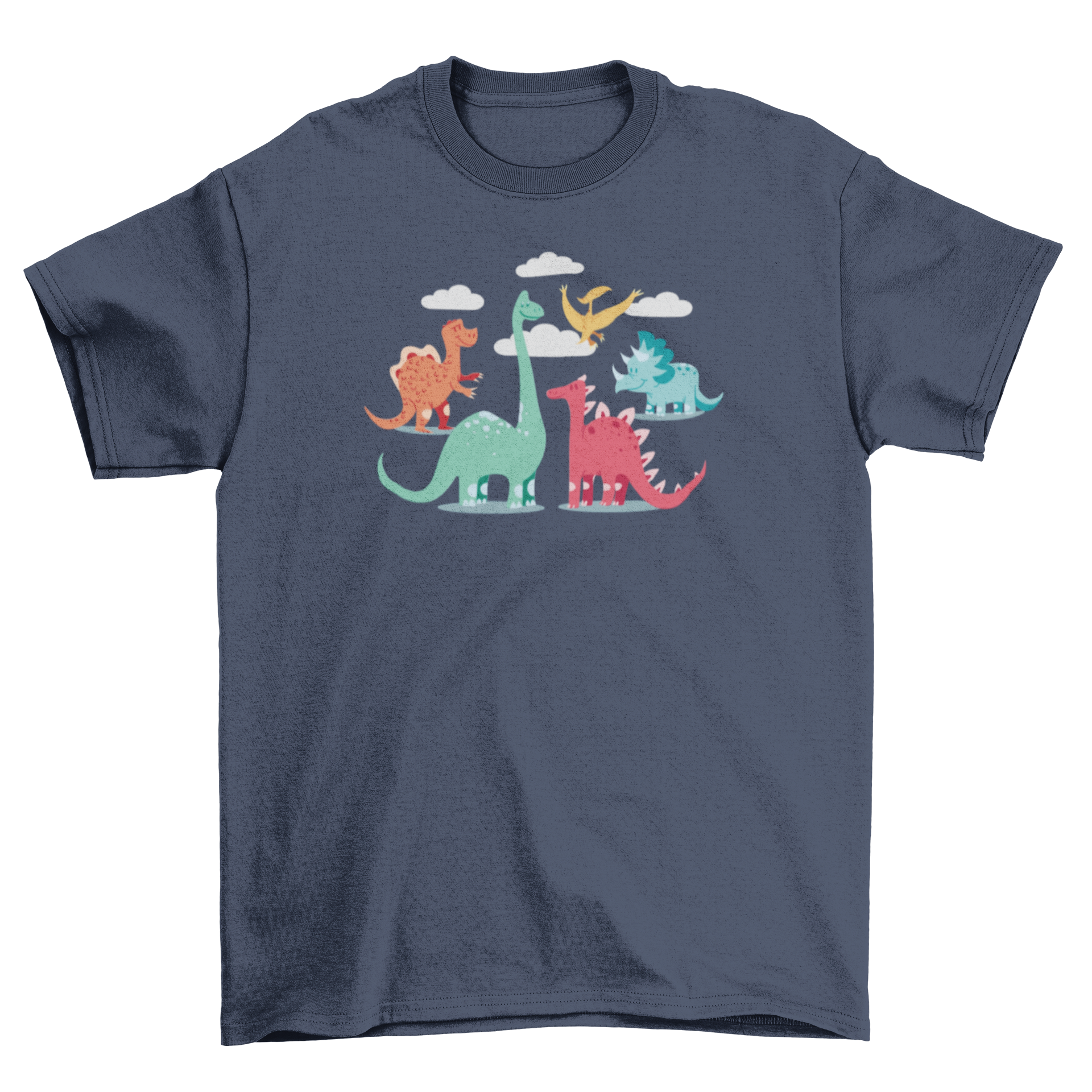 Colorful youth T-shirt featuring cartoon dinosaurs in playful poses, perfect for kids.