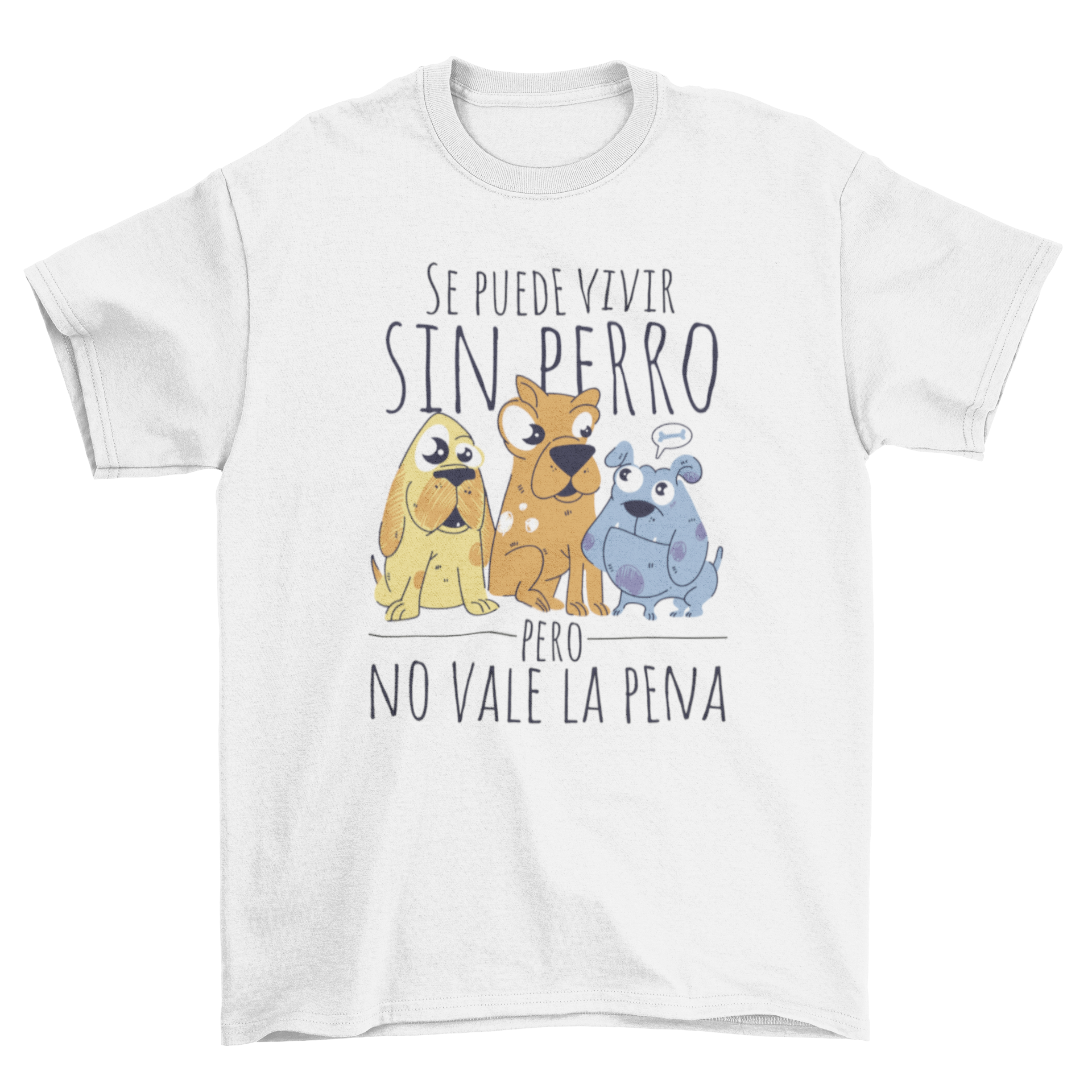 Cartoon Dog Quote T-Shirt featuring three playful cartoon dogs and a Spanish quote about the value of dogs.