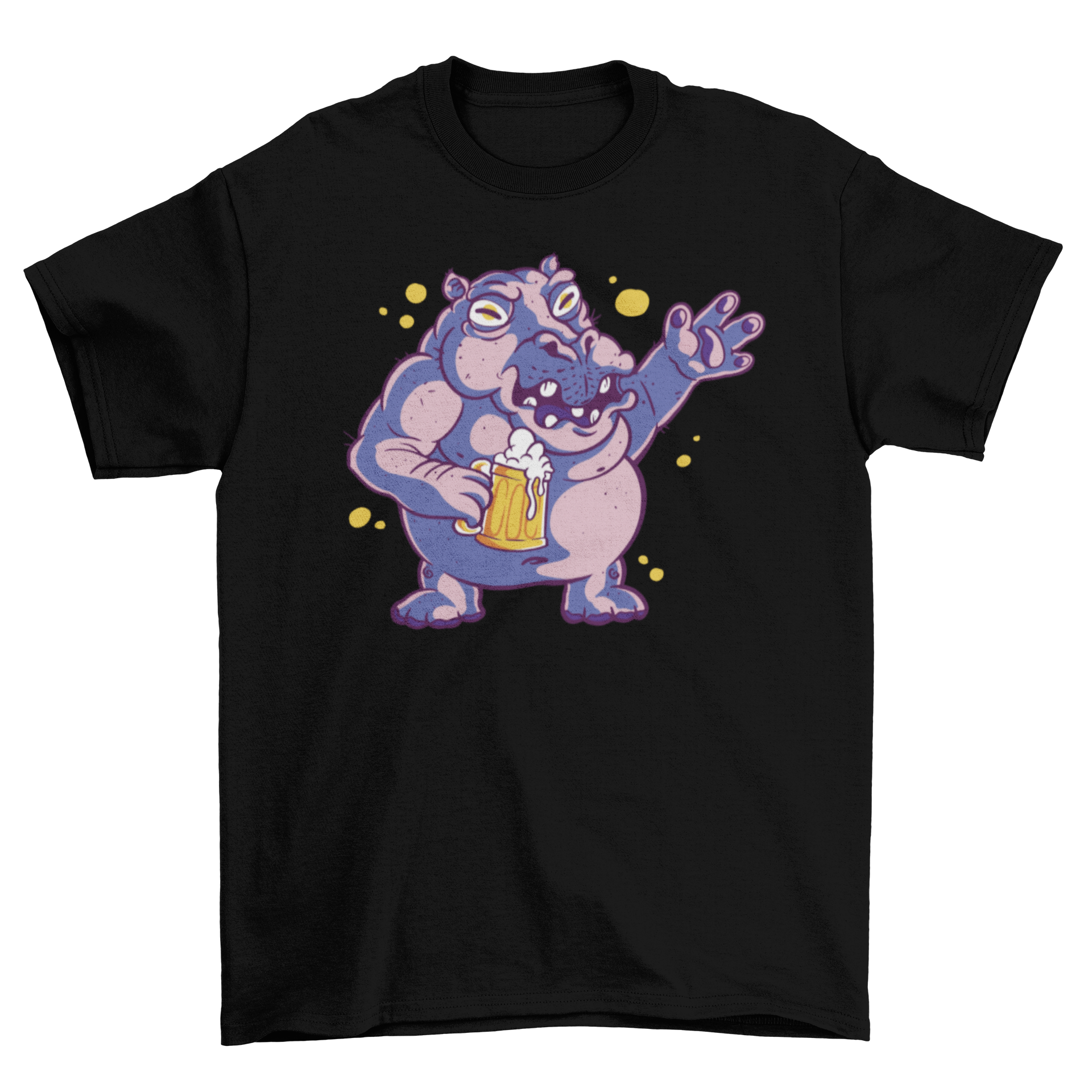 A cartoon t-shirt featuring a playful drunk hippo holding a beer glass, showcasing a fun and humorous design.