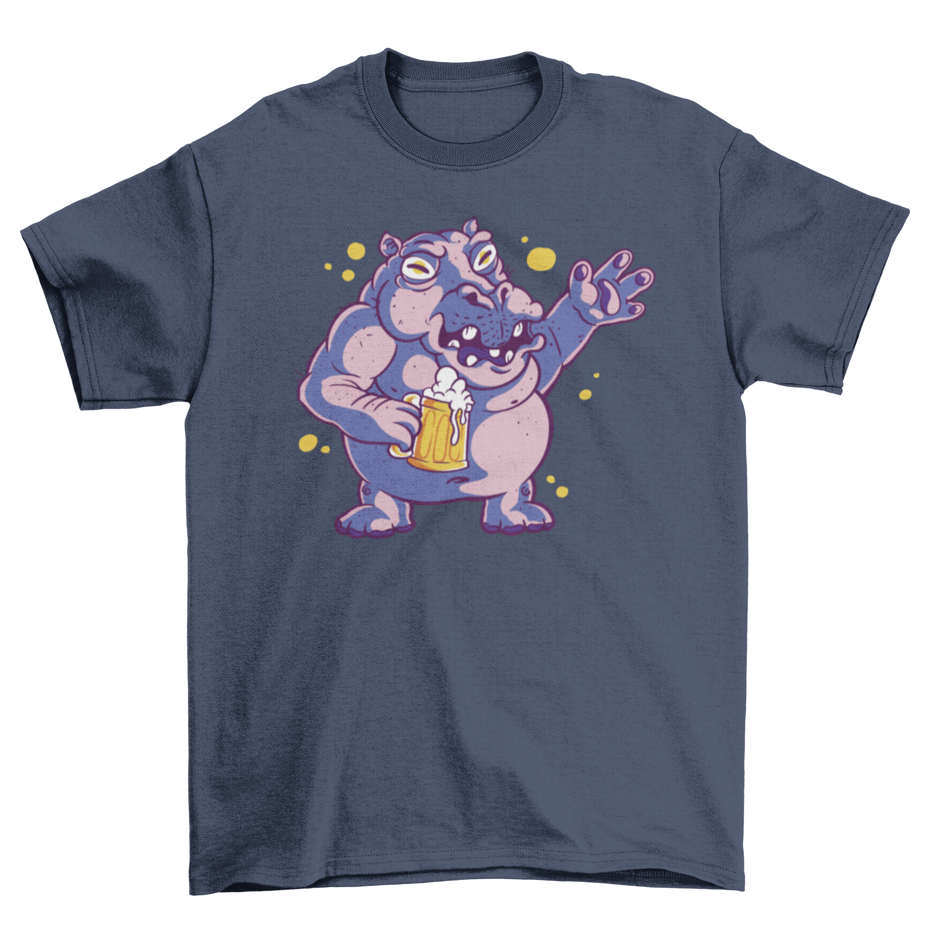 A cartoon t-shirt featuring a playful drunk hippo holding a beer glass, showcasing a fun and humorous design.