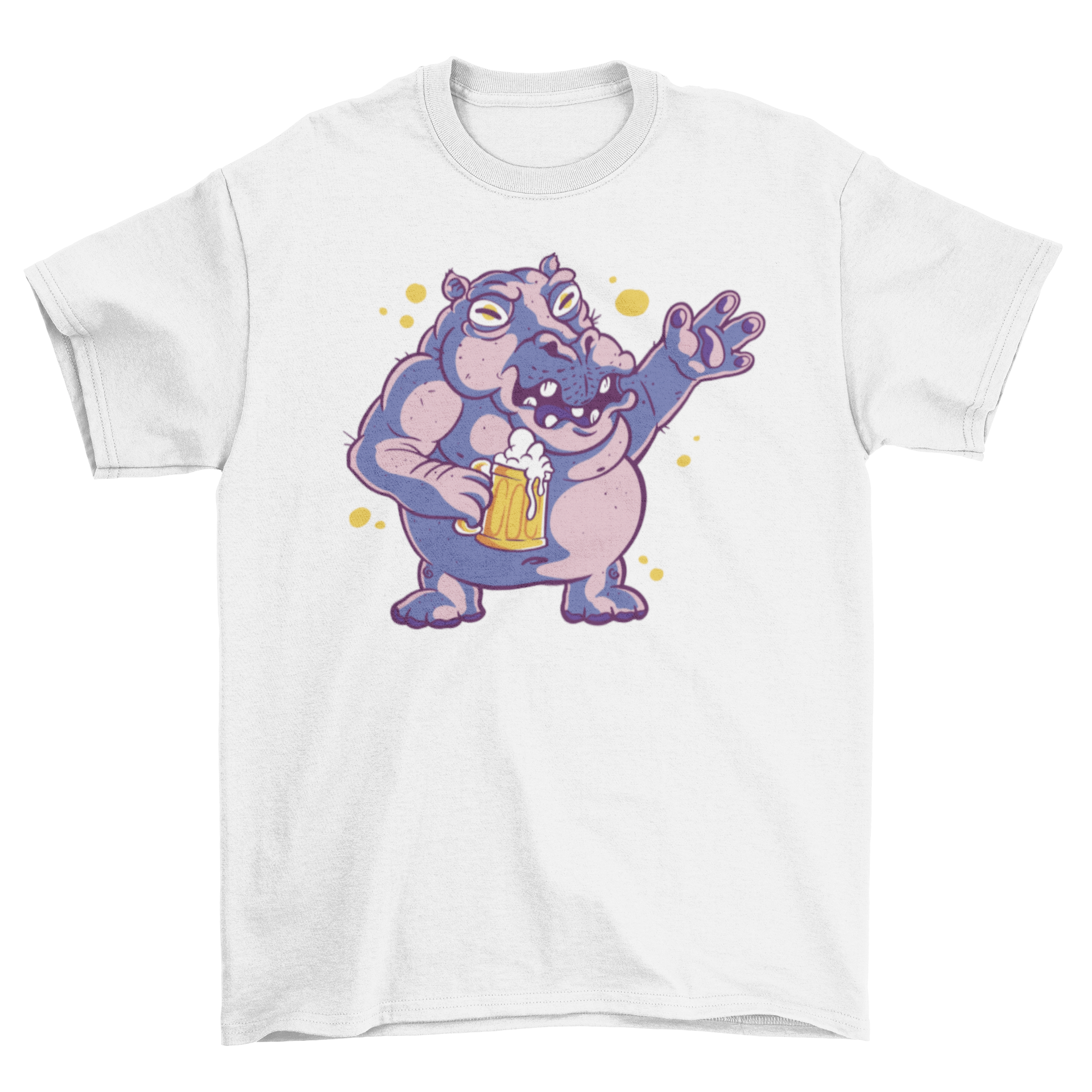 A cartoon t-shirt featuring a playful drunk hippo holding a beer glass, showcasing a fun and humorous design.