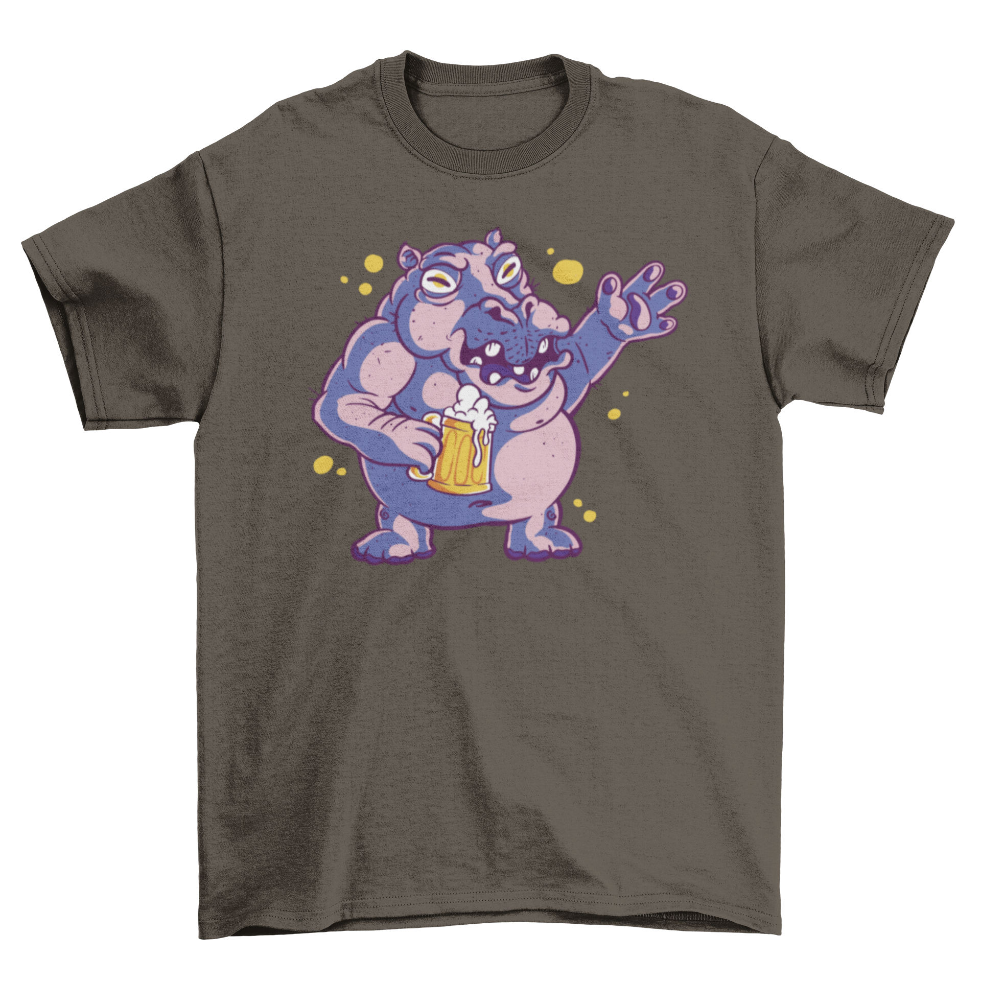 A cartoon t-shirt featuring a playful drunk hippo holding a beer glass, showcasing a fun and humorous design.