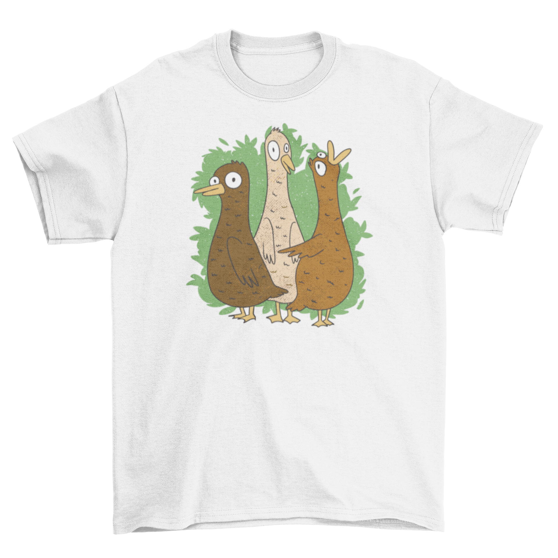 A colorful cartoon t-shirt featuring three playful ducks in a fun design.