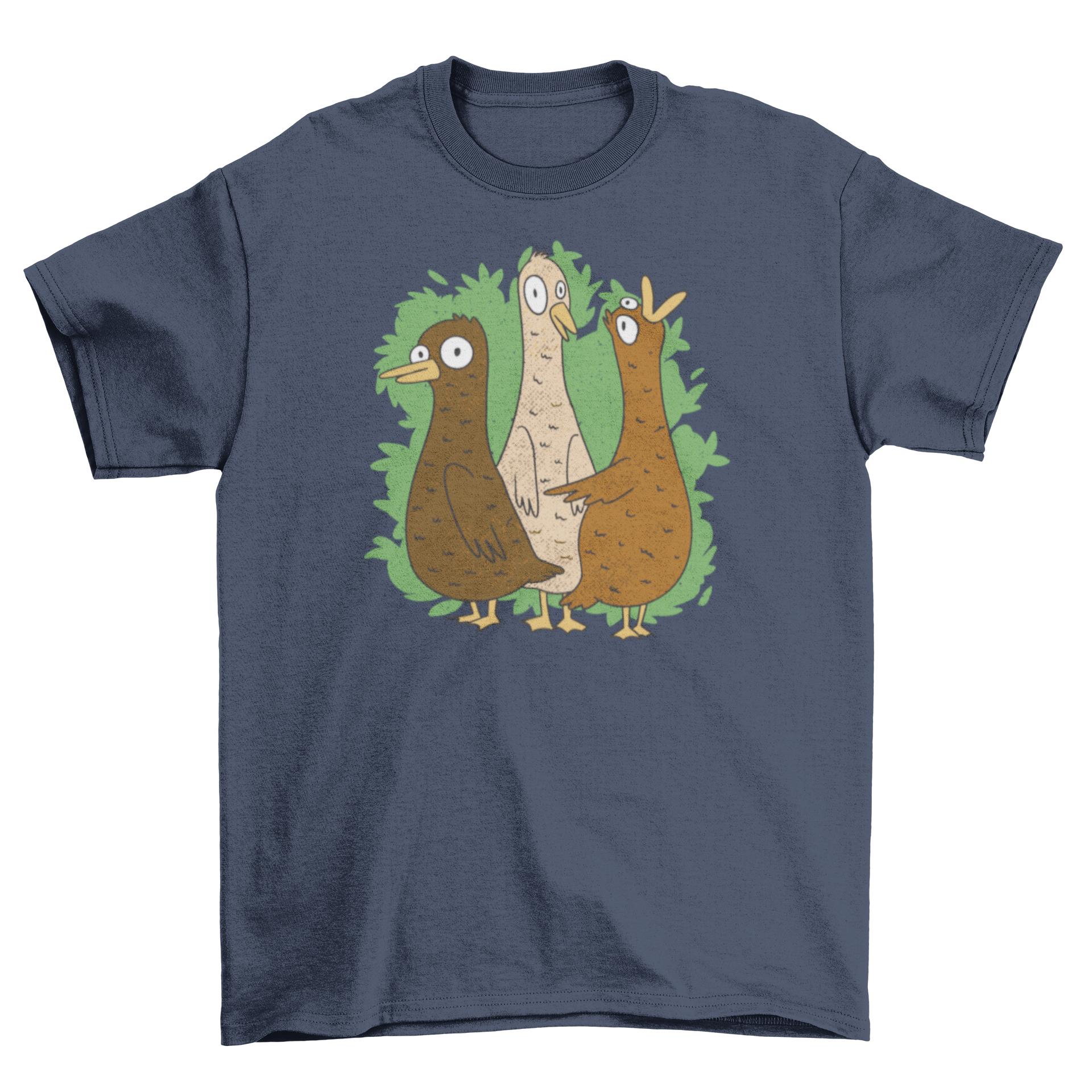 A colorful cartoon t-shirt featuring three playful ducks in a fun design.