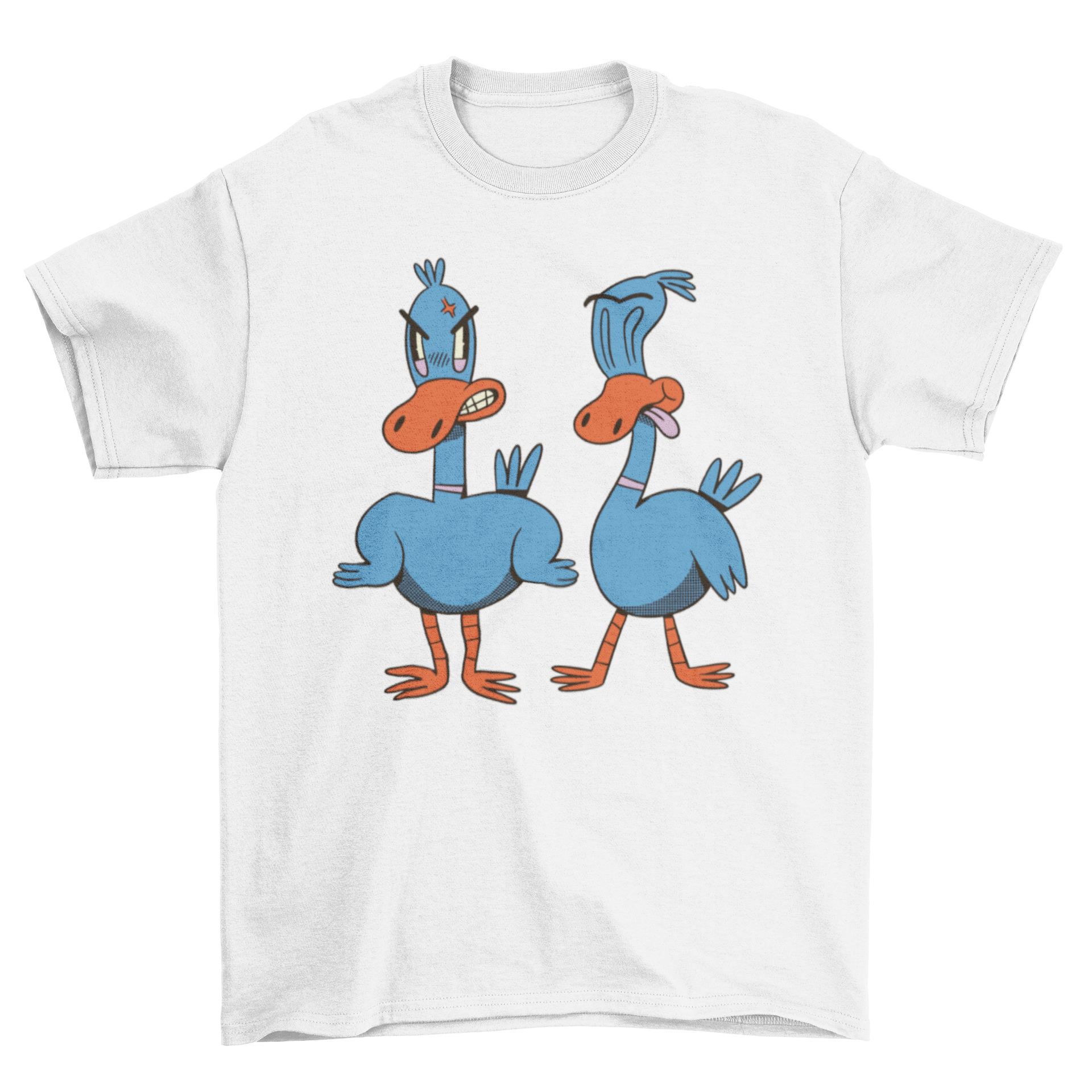 A vibrant t-shirt featuring two cartoon ducks in a playful illustration, perfect for casual wear.