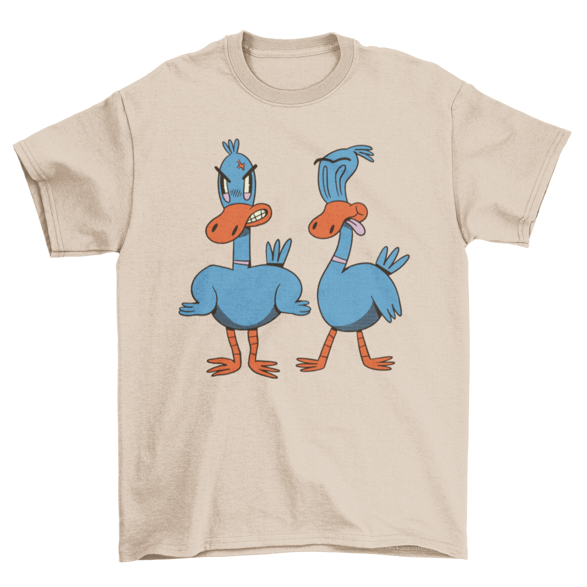 A vibrant t-shirt featuring two cartoon ducks in a playful illustration, perfect for casual wear.