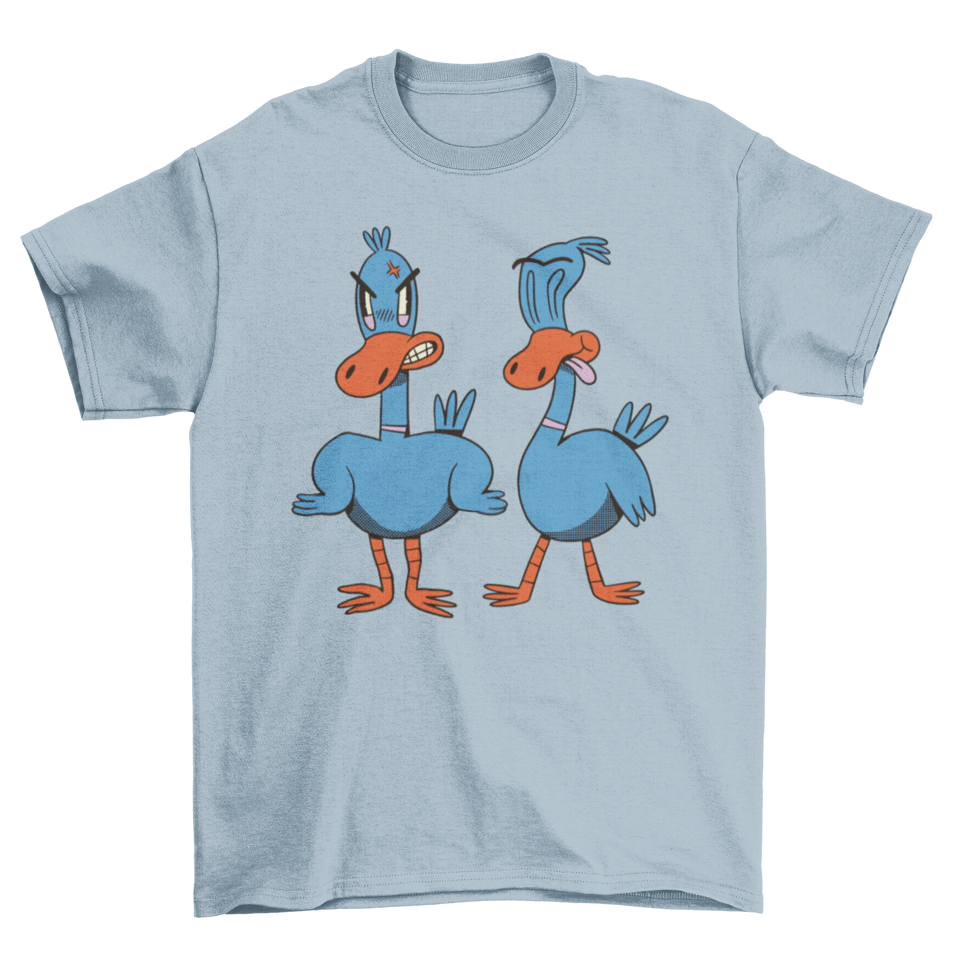 A vibrant t-shirt featuring two cartoon ducks in a playful illustration, perfect for casual wear.