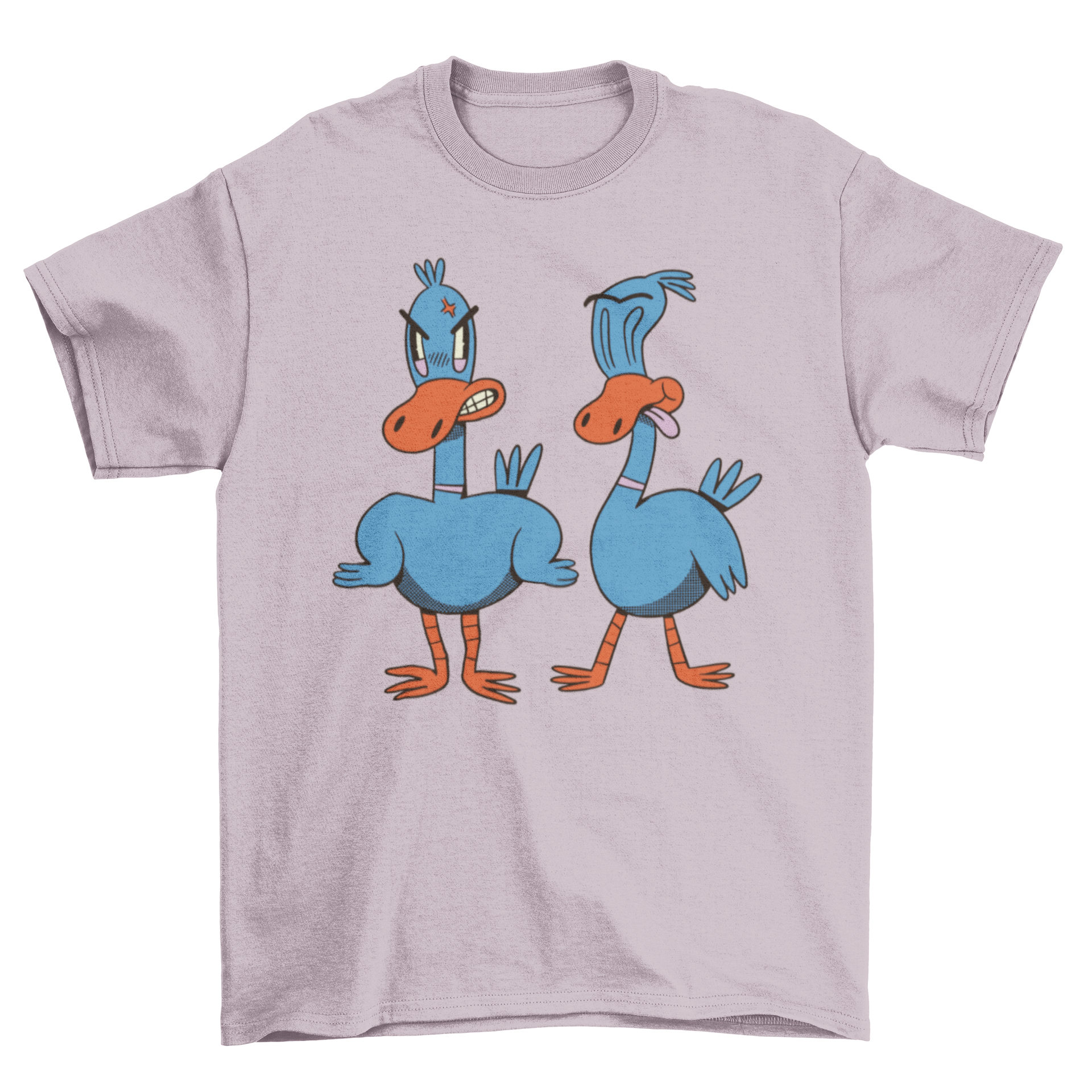 A vibrant t-shirt featuring two cartoon ducks in a playful illustration, perfect for casual wear.