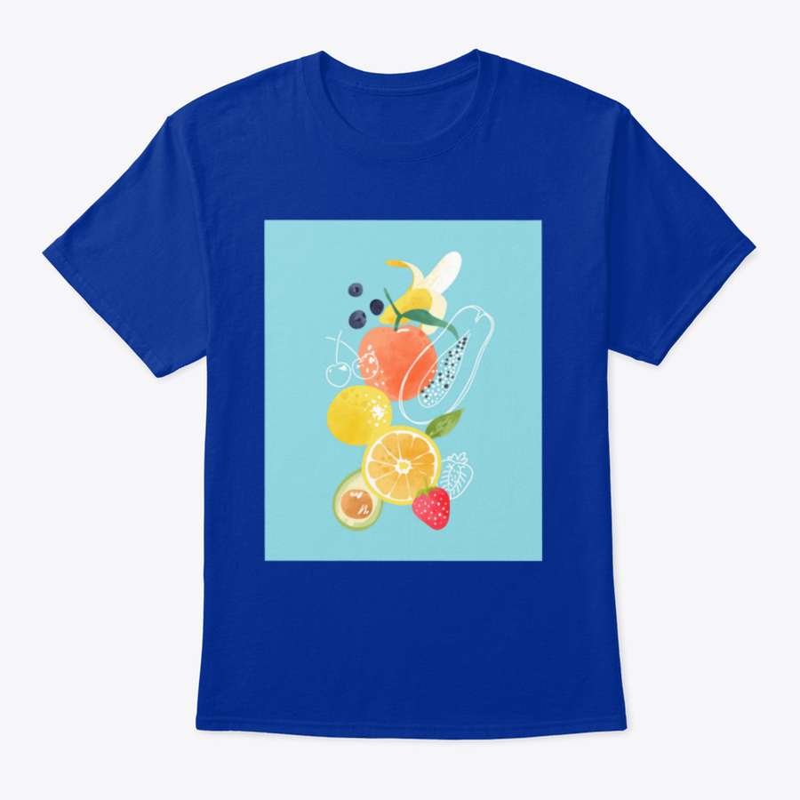 Cartoon Fresh Fruits Watercolor T-Shirt featuring vibrant fruit designs on a soft cotton fabric.