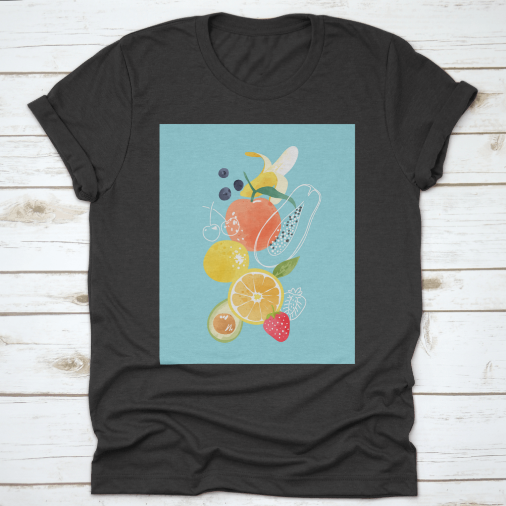 Cartoon Fresh Fruits Watercolor T-Shirt featuring vibrant fruit designs on a soft cotton fabric.