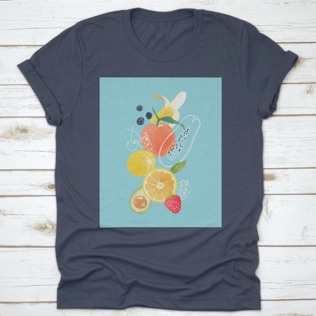 Cartoon Fresh Fruits Watercolor T-Shirt featuring vibrant fruit designs on a soft cotton fabric.