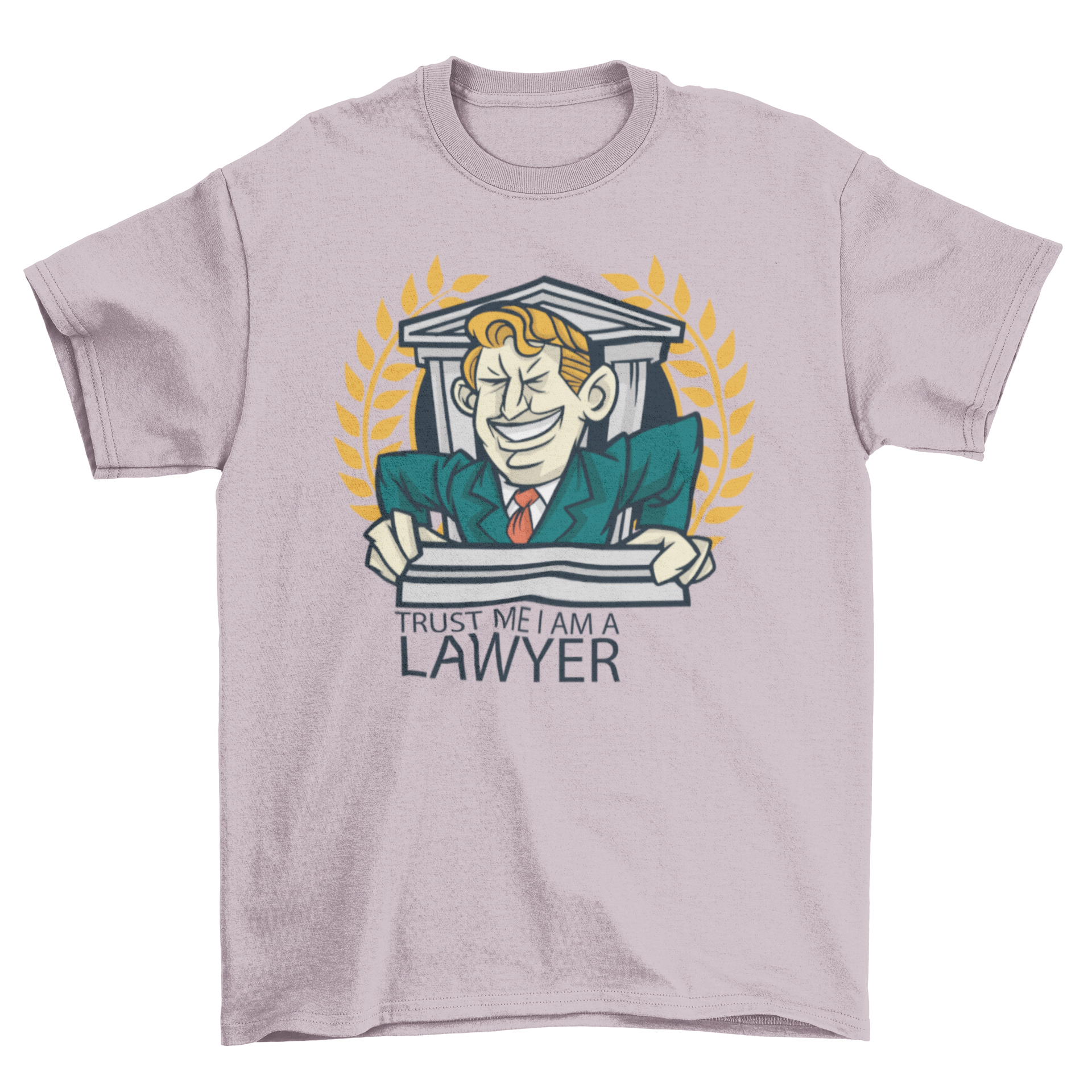 A humorous cartoon lawyer t-shirt featuring a cartoon man and the quote 'Trust me, I am a lawyer'.