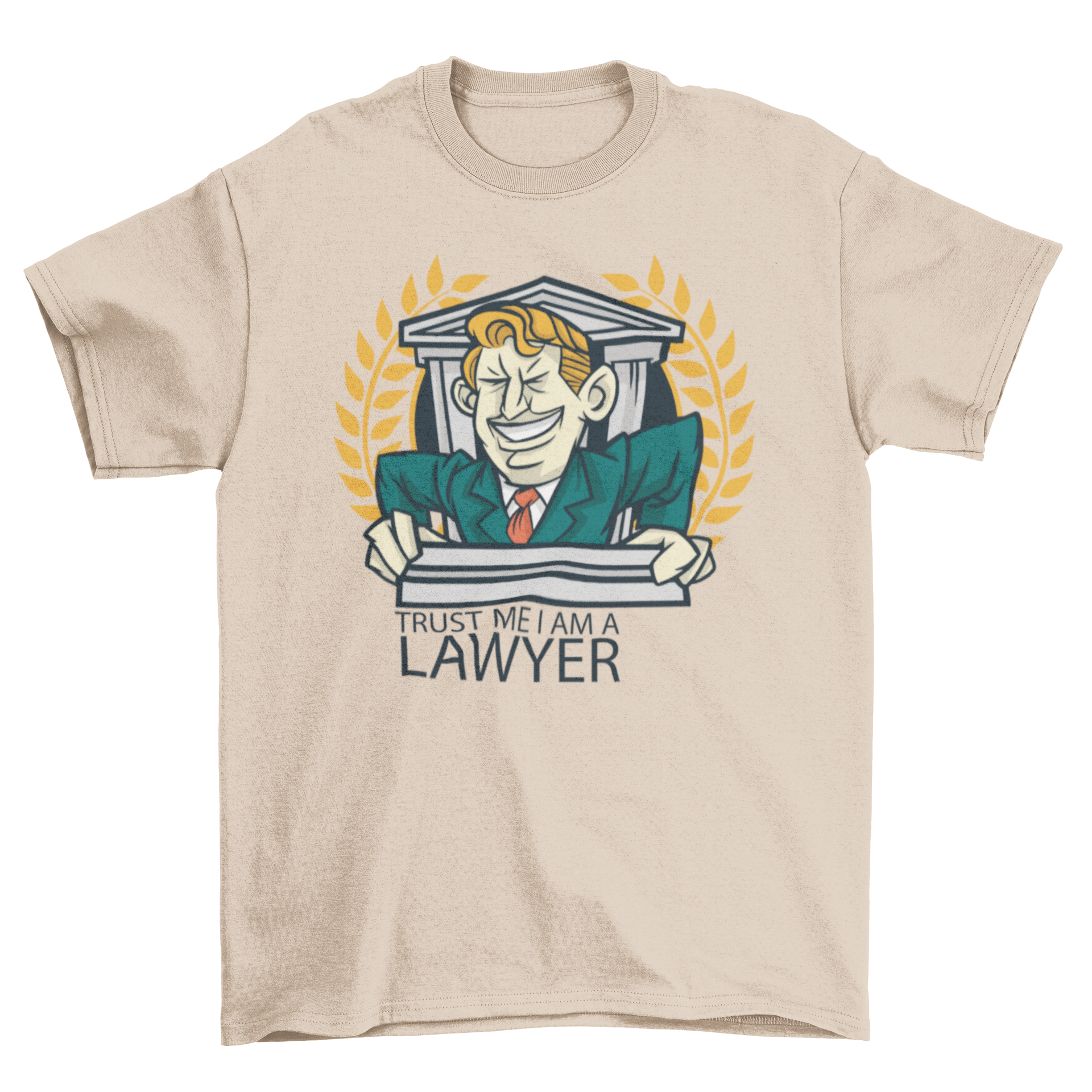 A humorous cartoon lawyer t-shirt featuring a cartoon man and the quote 'Trust me, I am a lawyer'.