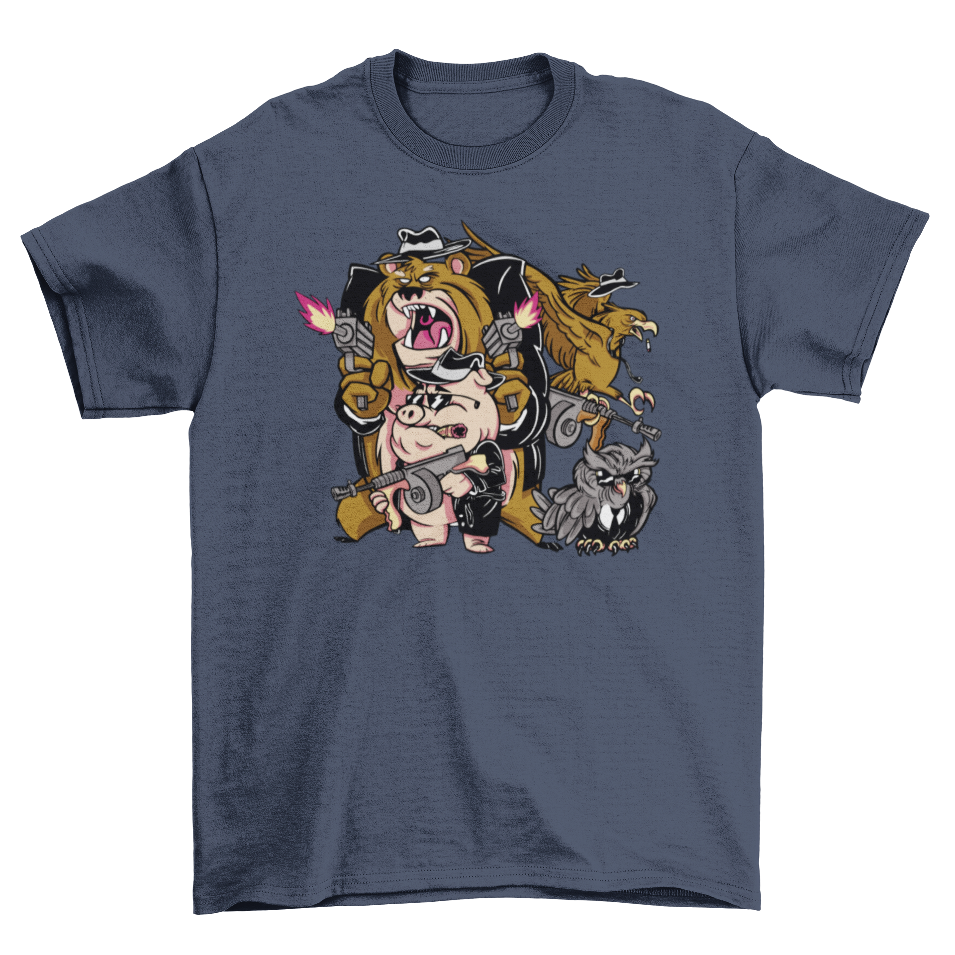 Cartoon mafia animals t-shirt featuring stylish animals in suits holding guns, vibrant colors and playful design.