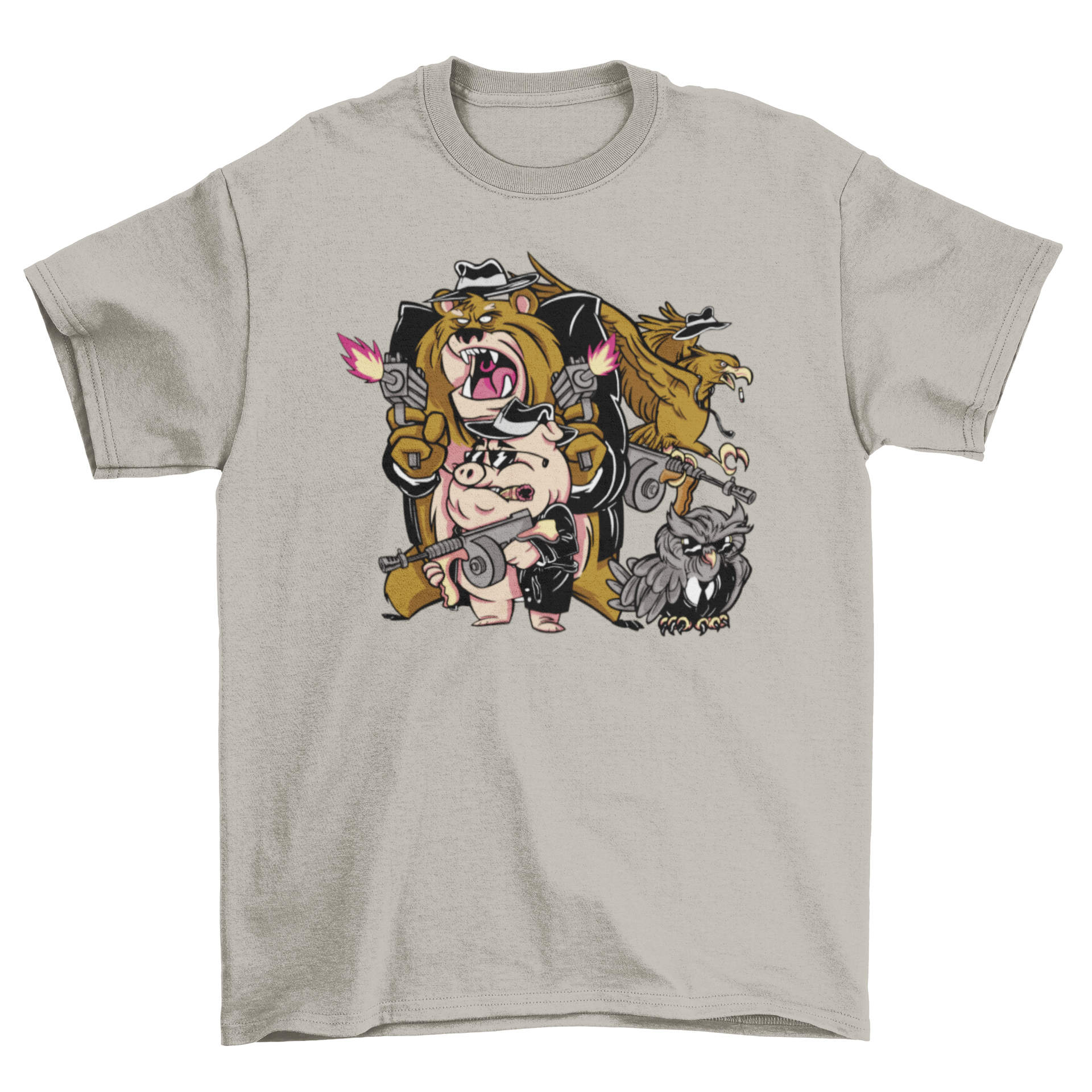 Cartoon mafia animals t-shirt featuring stylish animals in suits holding guns, vibrant colors and playful design.