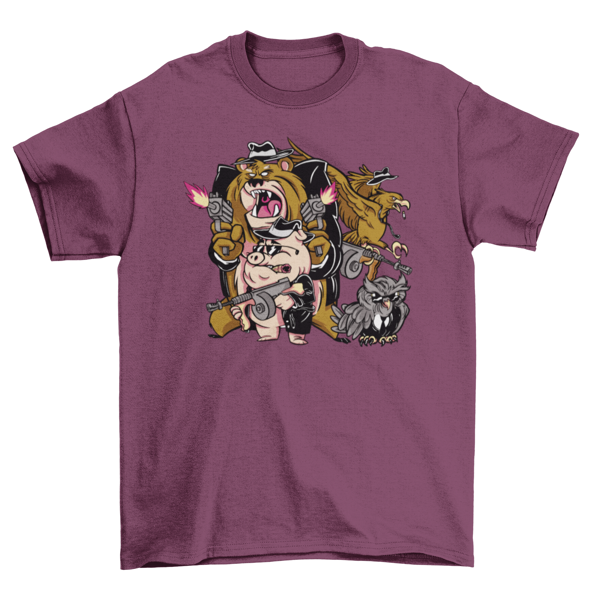 Cartoon mafia animals t-shirt featuring stylish animals in suits holding guns, vibrant colors and playful design.