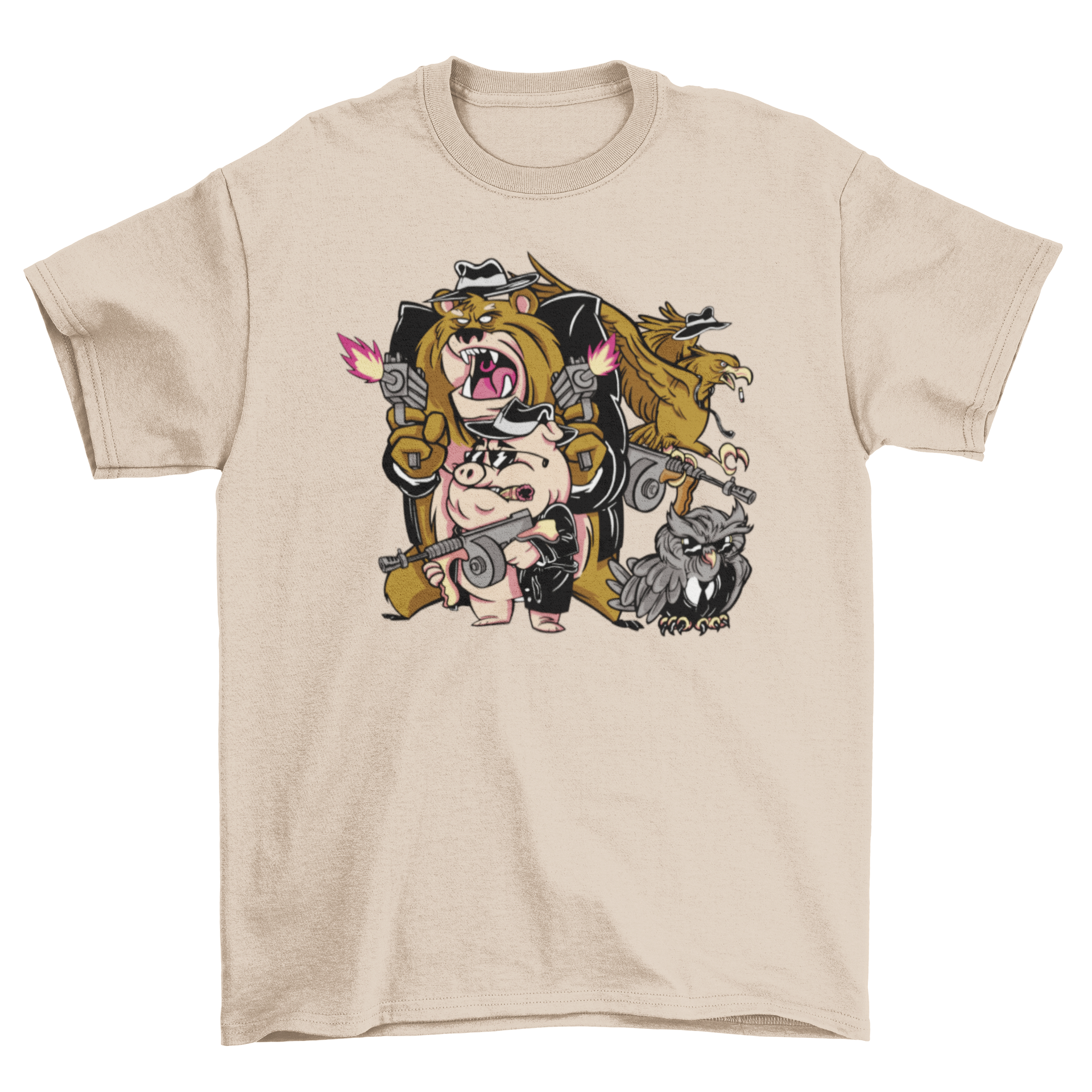 Cartoon mafia animals t-shirt featuring stylish animals in suits holding guns, vibrant colors and playful design.