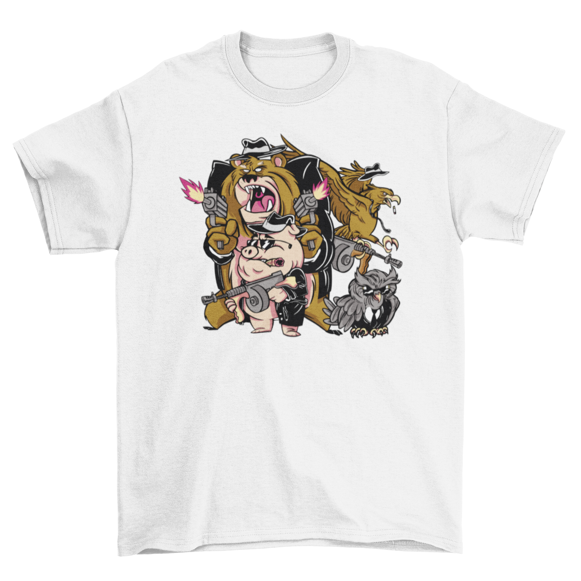 Cartoon mafia animals t-shirt featuring stylish animals in suits holding guns, vibrant colors and playful design.