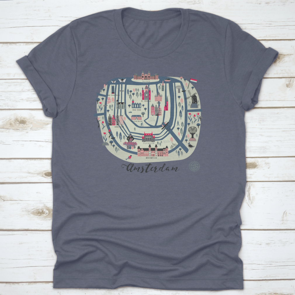 Cartoon map of Amsterdam t-shirt design featuring colorful icons and landmarks, perfect for travel enthusiasts.