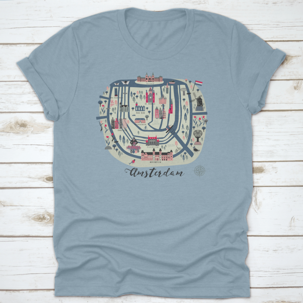 Cartoon map of Amsterdam t-shirt design featuring colorful icons and landmarks, perfect for travel enthusiasts.