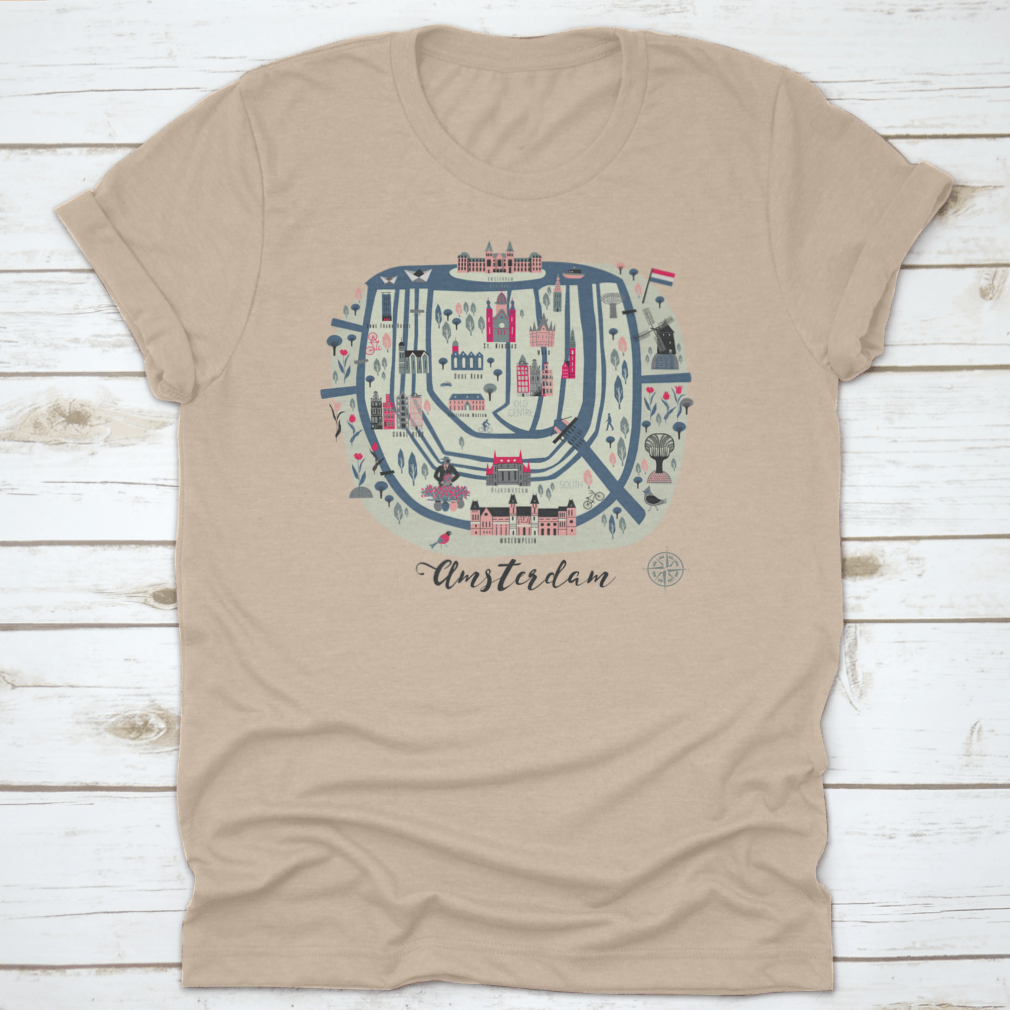 Cartoon map of Amsterdam t-shirt design featuring colorful icons and landmarks, perfect for travel enthusiasts.