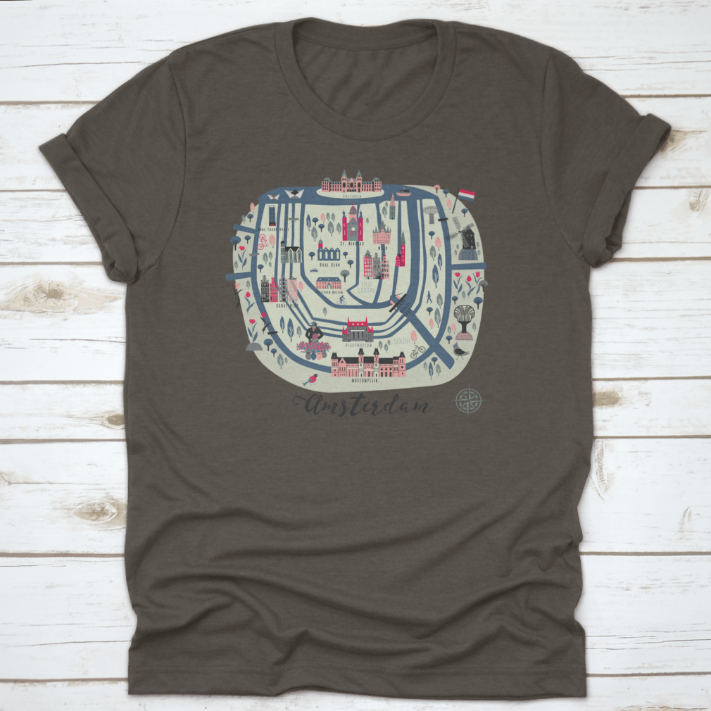 Cartoon map of Amsterdam t-shirt design featuring colorful icons and landmarks, perfect for travel enthusiasts.