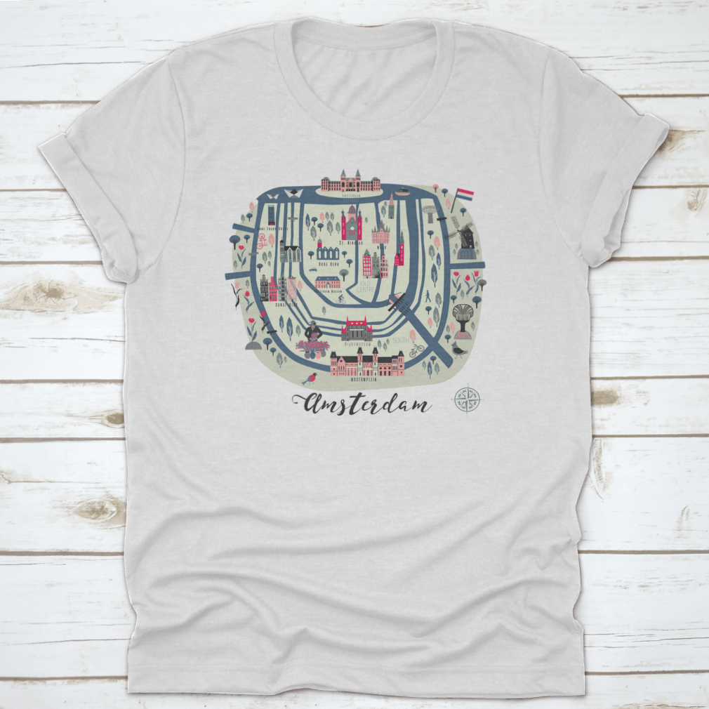 Cartoon map of Amsterdam t-shirt design featuring colorful icons and landmarks, perfect for travel enthusiasts.