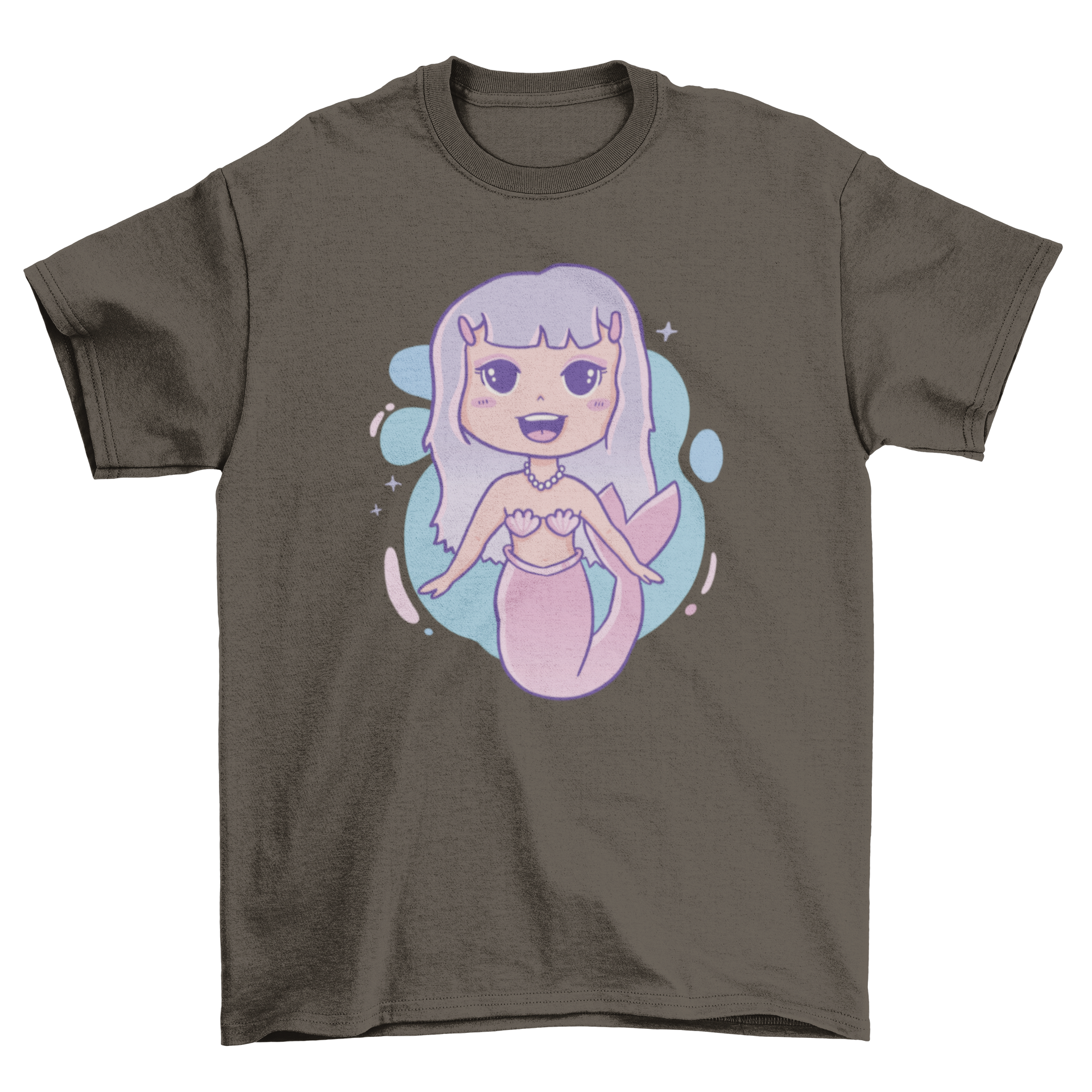 A colorful cartoon mermaid swimming on a t-shirt, showcasing vibrant design and playful art.