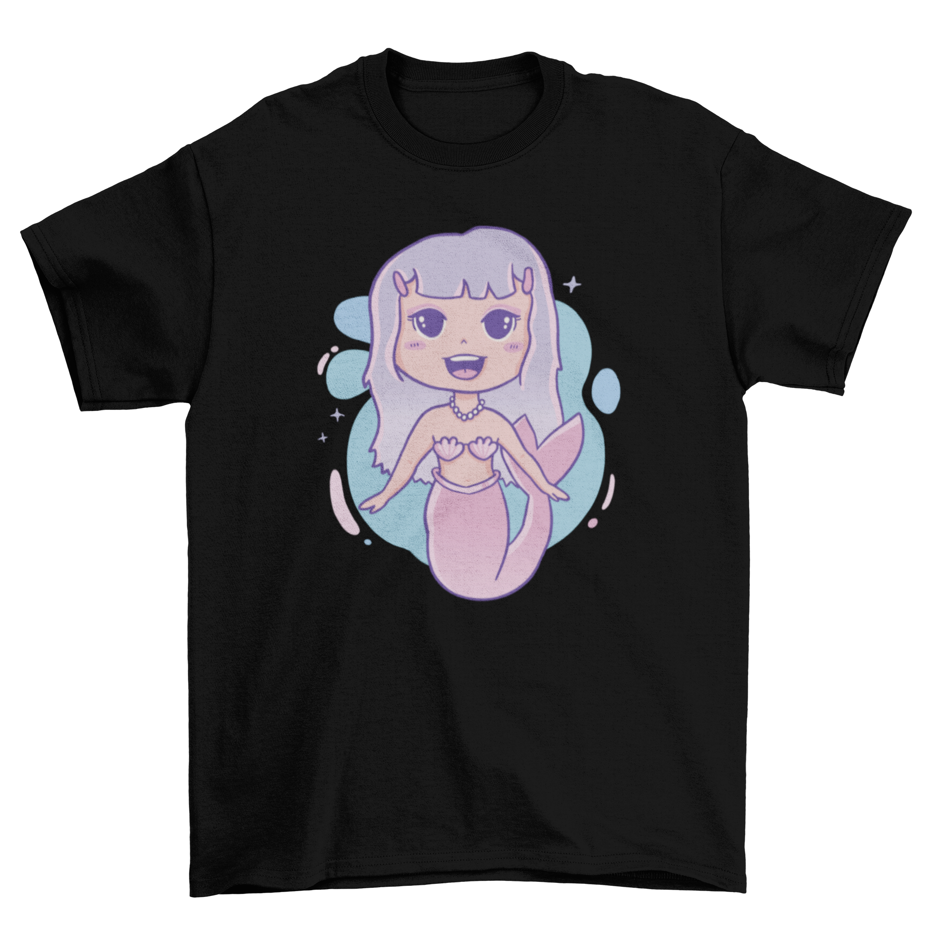 A colorful cartoon mermaid swimming on a t-shirt, showcasing vibrant design and playful art.