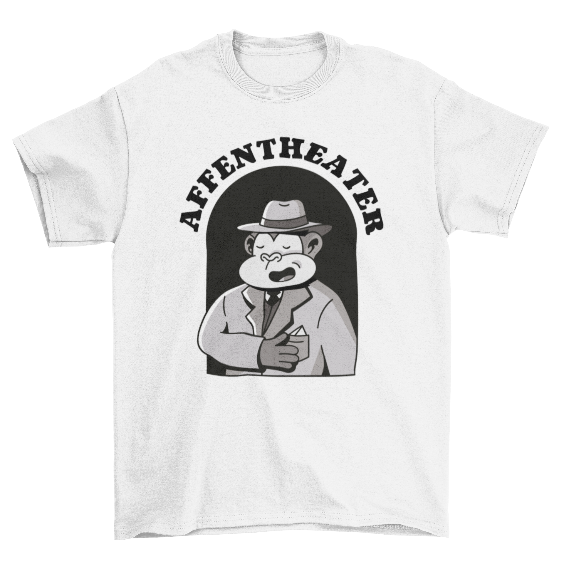 A playful cartoon monkey dressed in a suit and hat, featuring the quote 'Monkey theatre' on a stylish t-shirt.