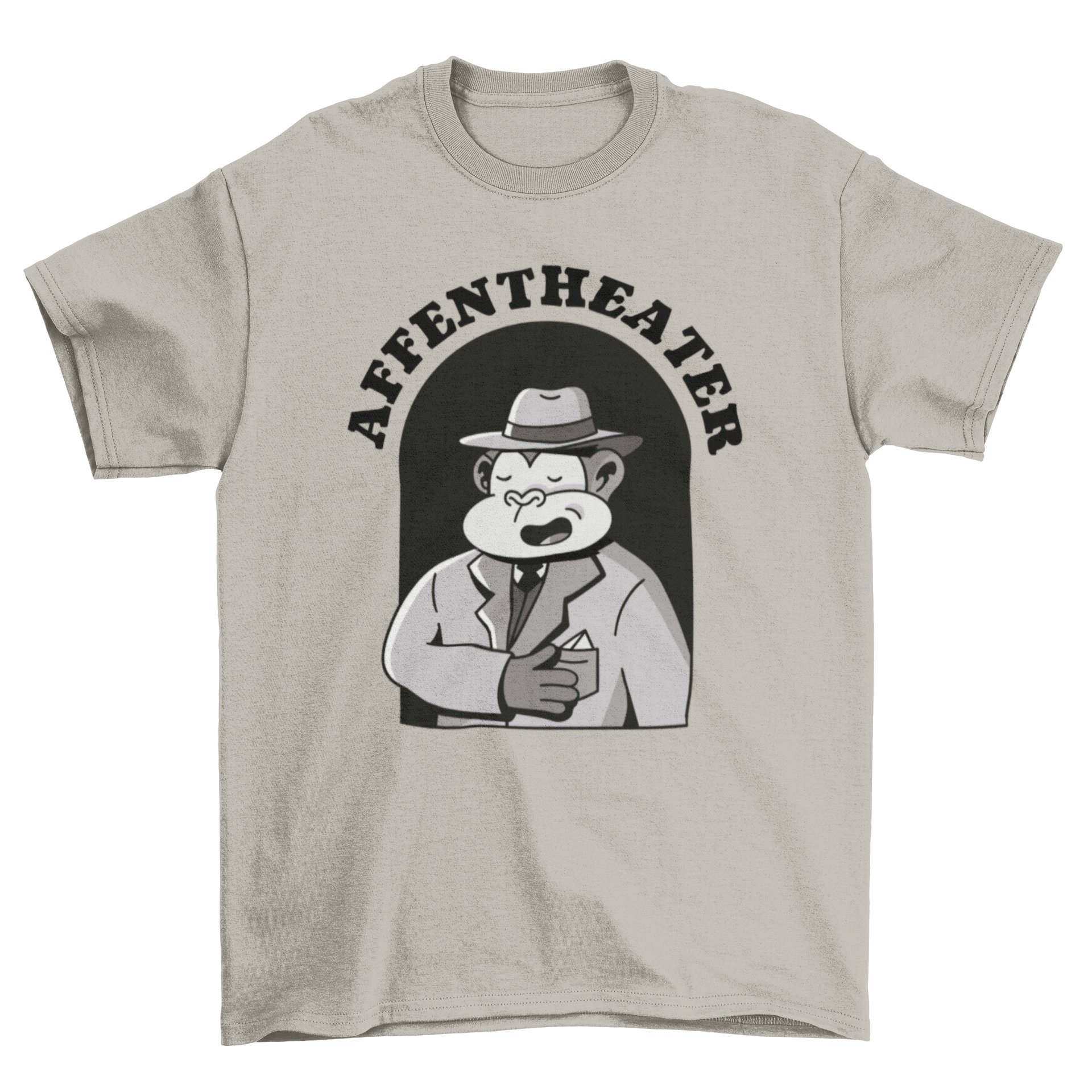 A playful cartoon monkey dressed in a suit and hat, featuring the quote 'Monkey theatre' on a stylish t-shirt.