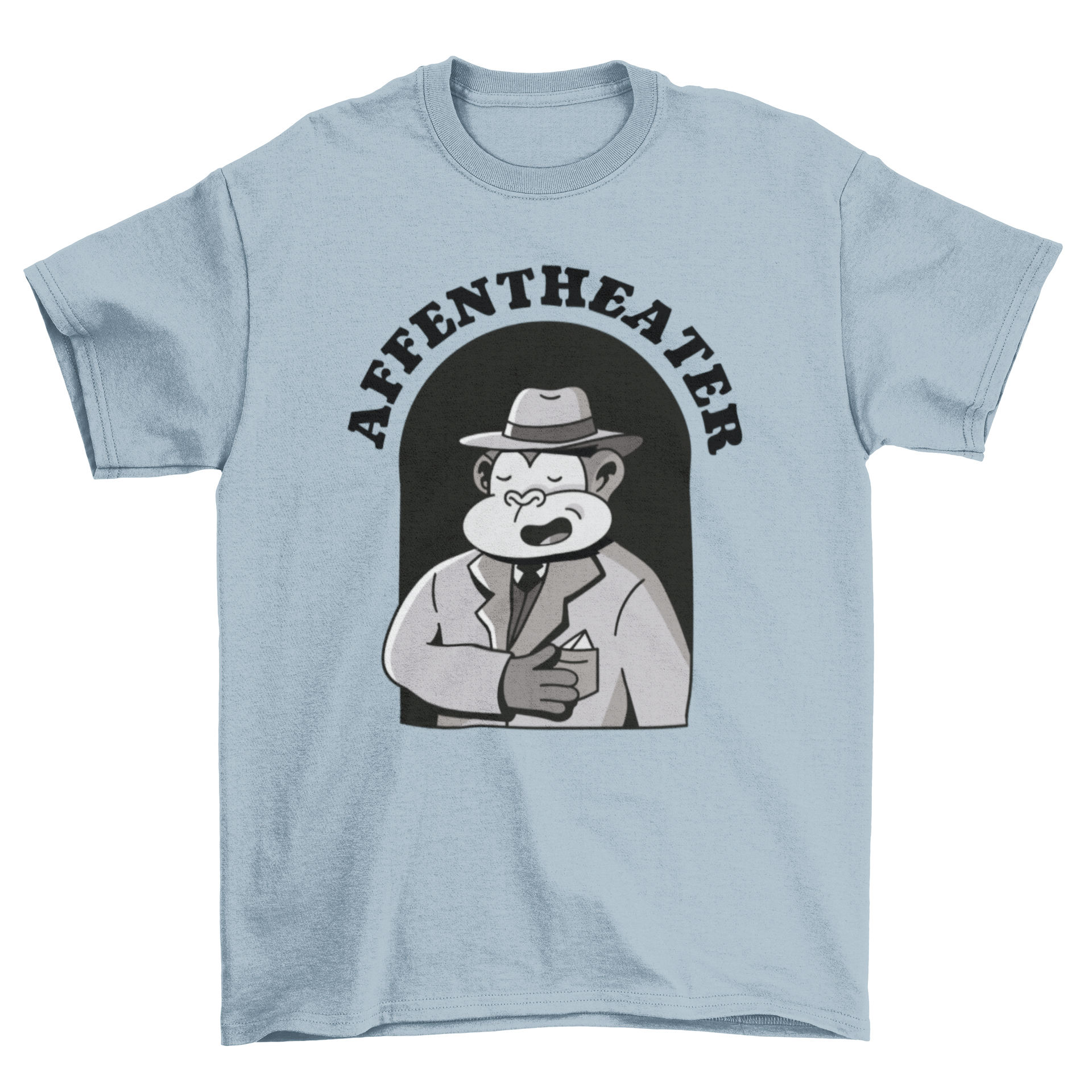 A playful cartoon monkey dressed in a suit and hat, featuring the quote 'Monkey theatre' on a stylish t-shirt.