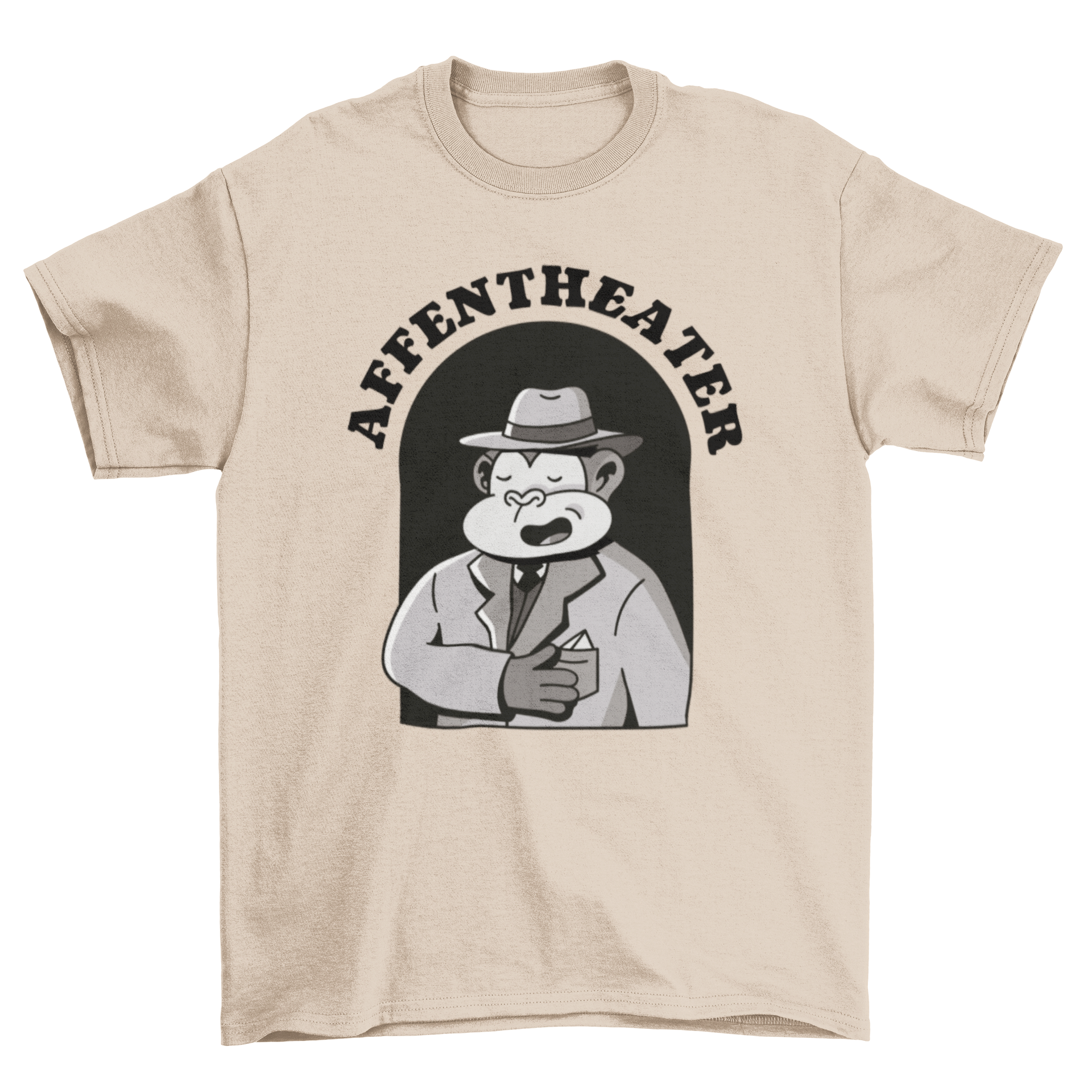 A playful cartoon monkey dressed in a suit and hat, featuring the quote 'Monkey theatre' on a stylish t-shirt.