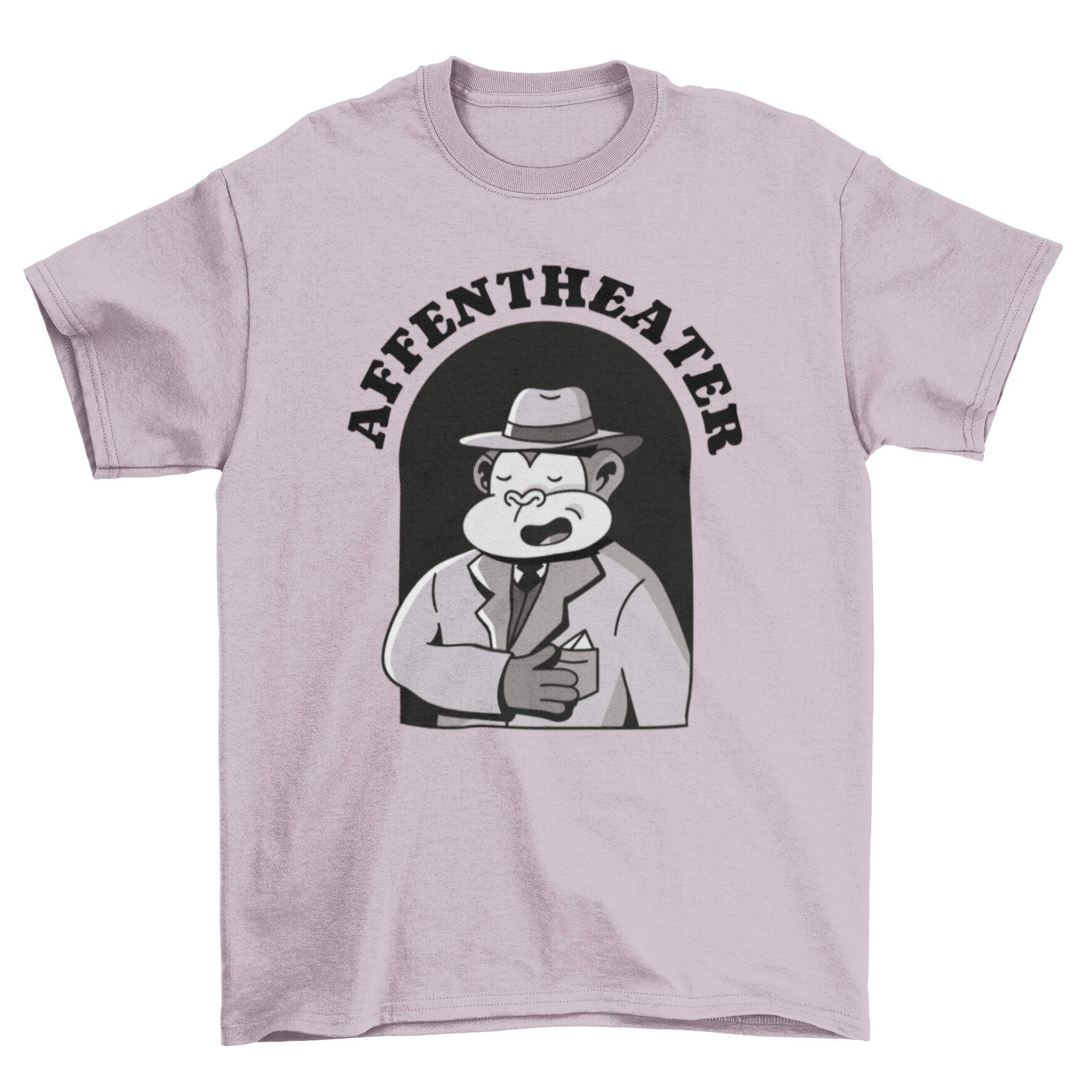 A playful cartoon monkey dressed in a suit and hat, featuring the quote 'Monkey theatre' on a stylish t-shirt.