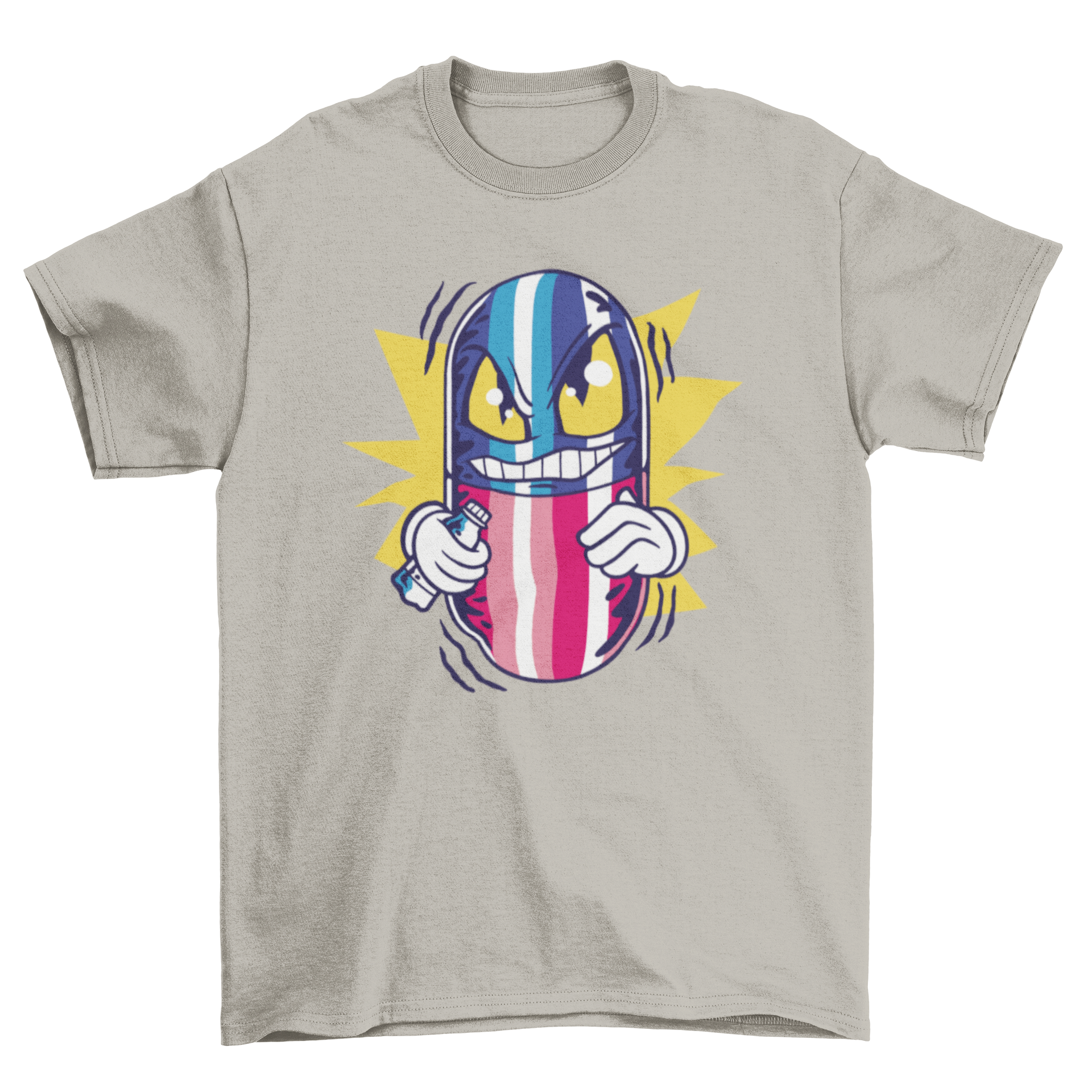 A colorful t-shirt featuring a cartoon pill with a funny face, showcasing a playful and humorous design.